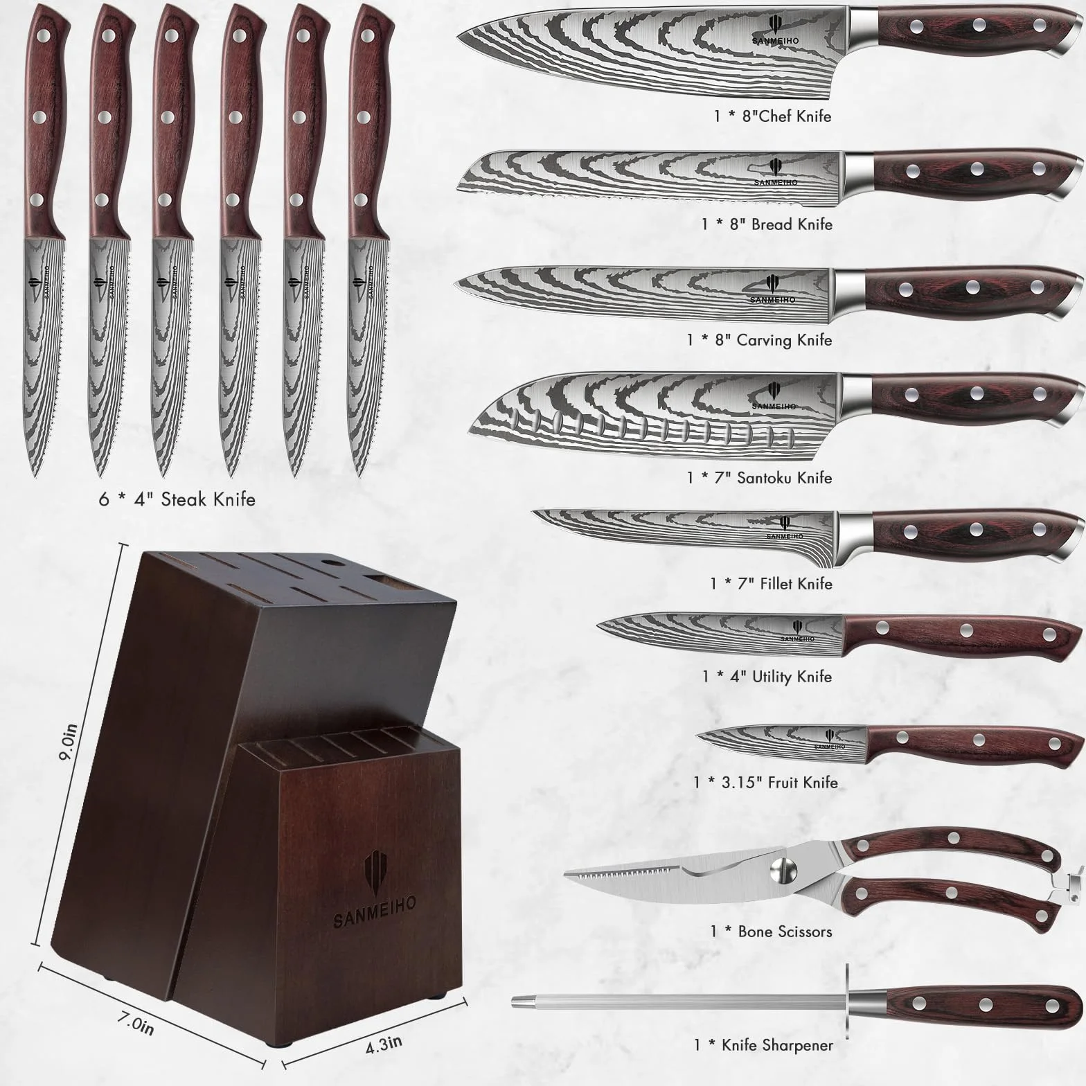 SANMEIHO Juego Cuchillos Cocina 16 Piezas, Set Profesional Acero Inoxidable Alto Carbono con Bloque Madera y Afilador