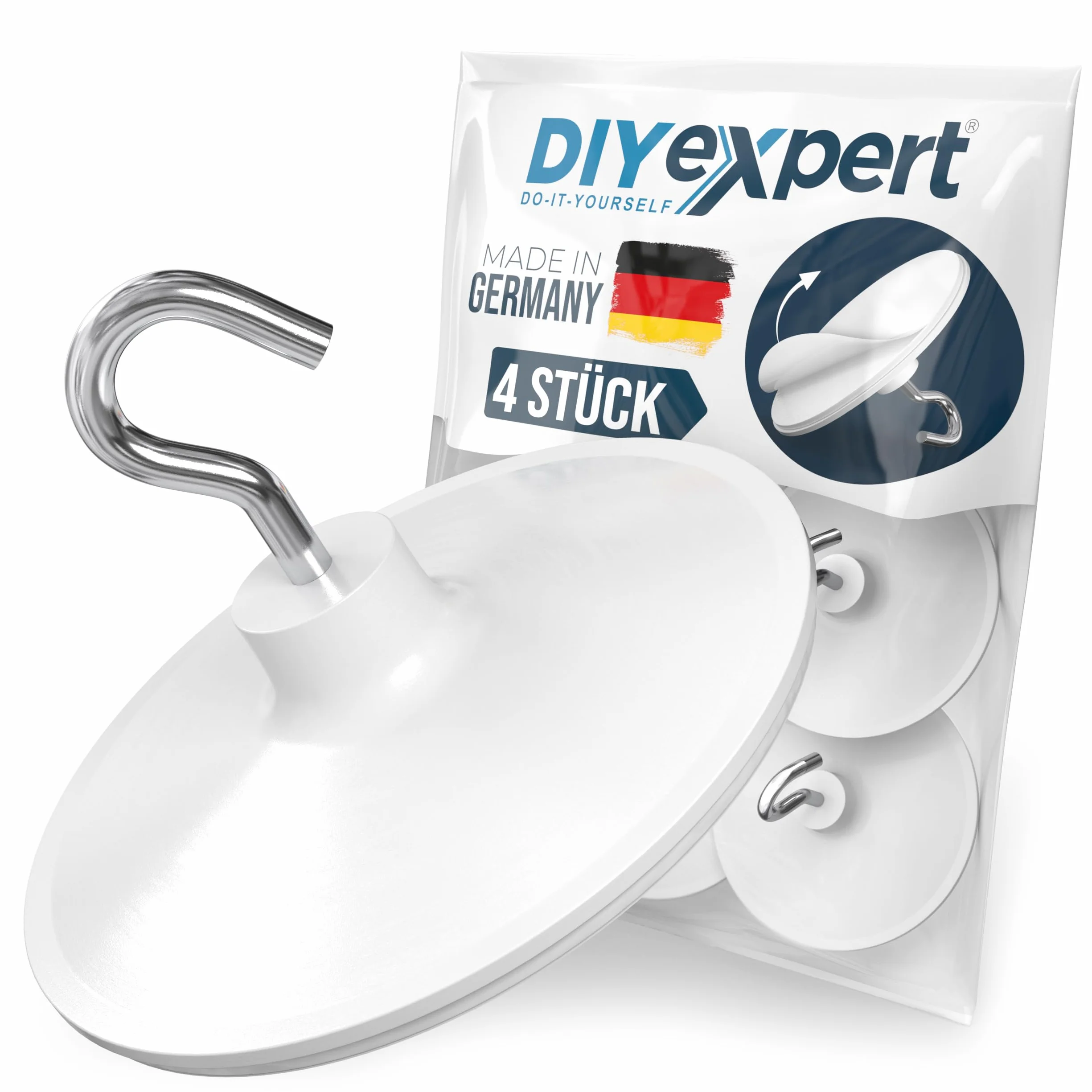 DIYexpert Ganchos de techo autoadhesivos, fabricados en Alemania, con gancho, 4 unidades, ganchos adhesivos para el techo extrafuertes, ganchos de pared sin taladrar