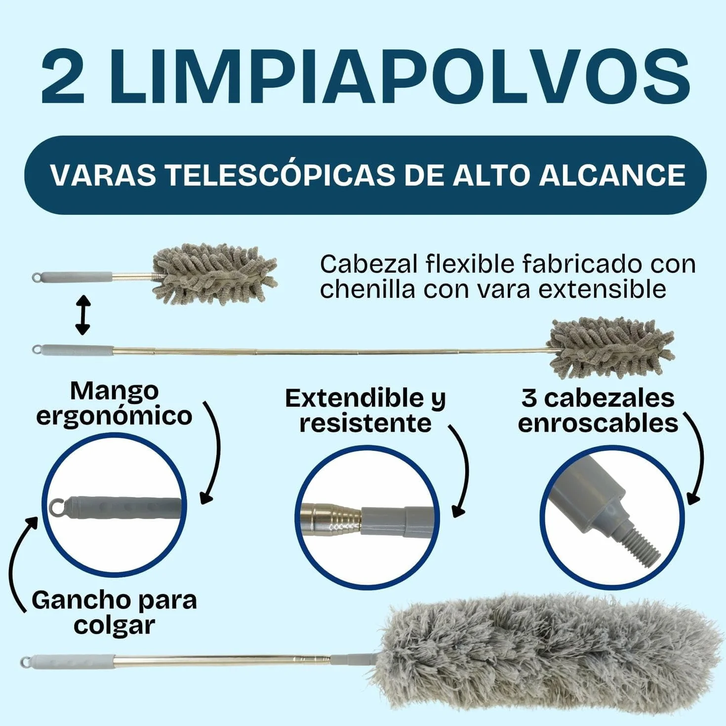 Plumero Atrapapolvo Extensible Microfibra 6 Piezas Lavables Kit Limpia Polvo Cepillo Ranuras Ventanas Puertas Gris