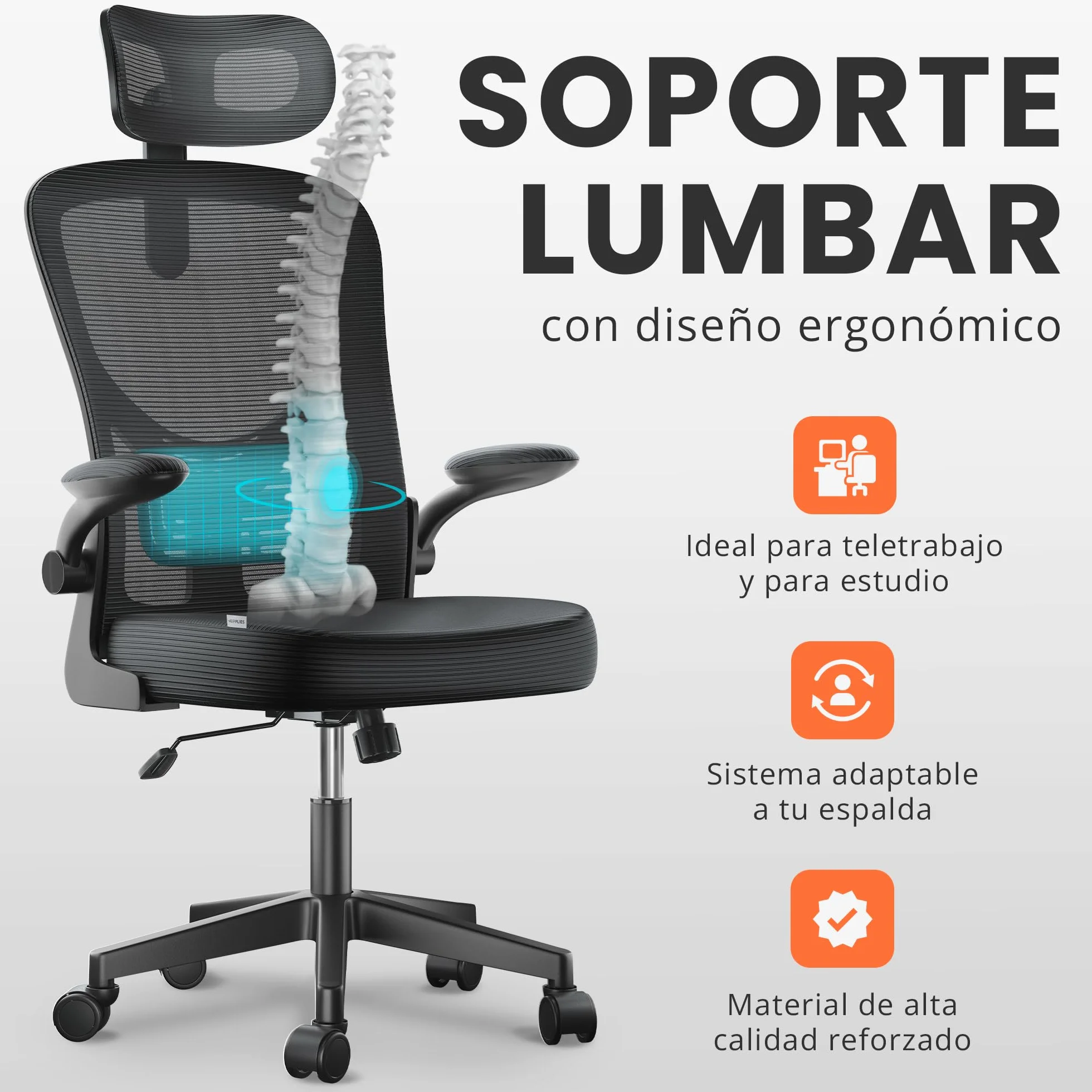 Silla Escritorio Ergonómica Ajustable Reclinable con Soporte Lumbar, Reposacabezas, Reposabrazos Plegables, Malla Transpirable, Ruedas 360°, 120 kg