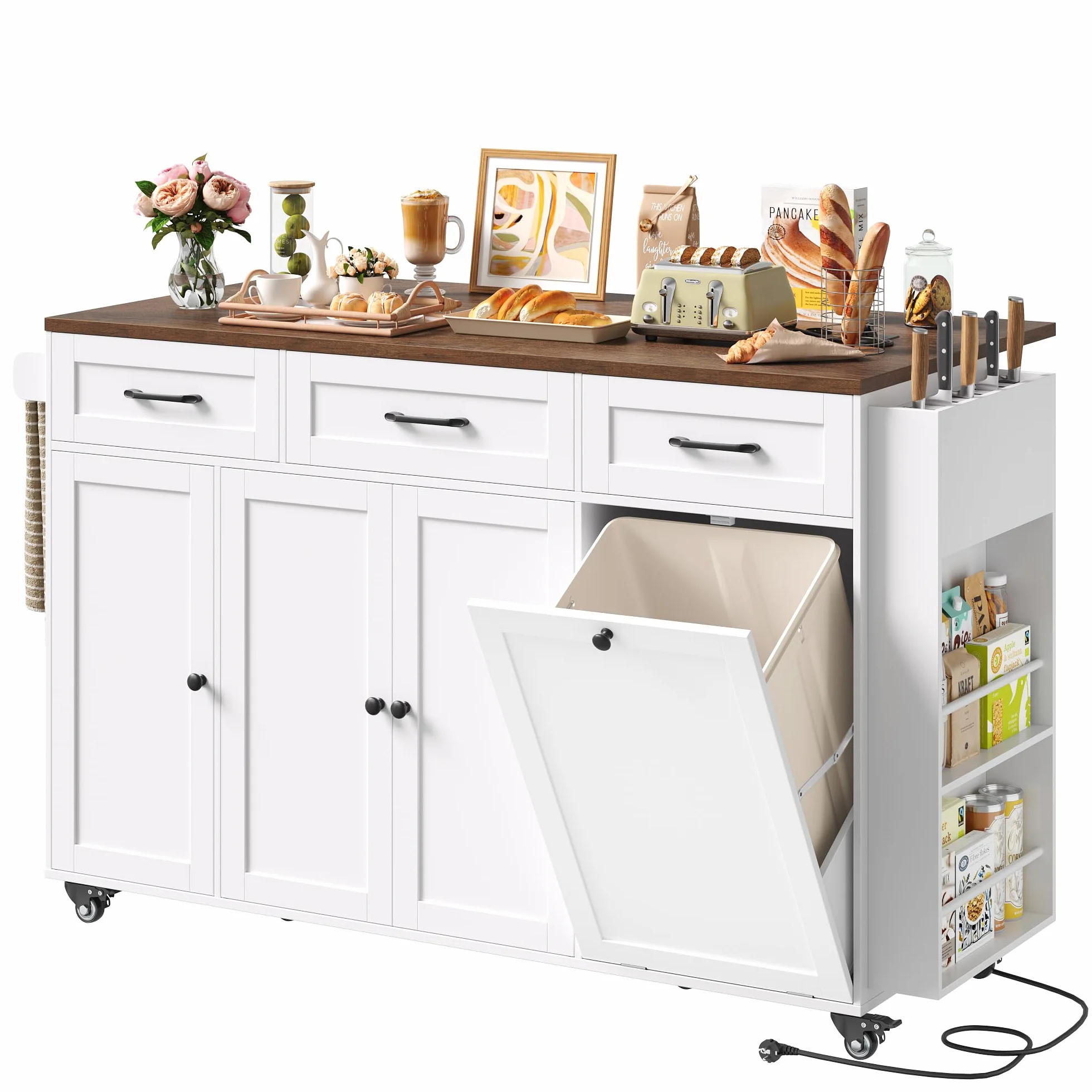 FirFurd Isla Cocina con Ruedas Carro de Cocina Carrito de Comedor Aparador con 3 Cajones Mueble Cocina Auxiliar con Mesa Plegable, Eenchufe, Especiero y Toallero, Blanco 135x60x88cm