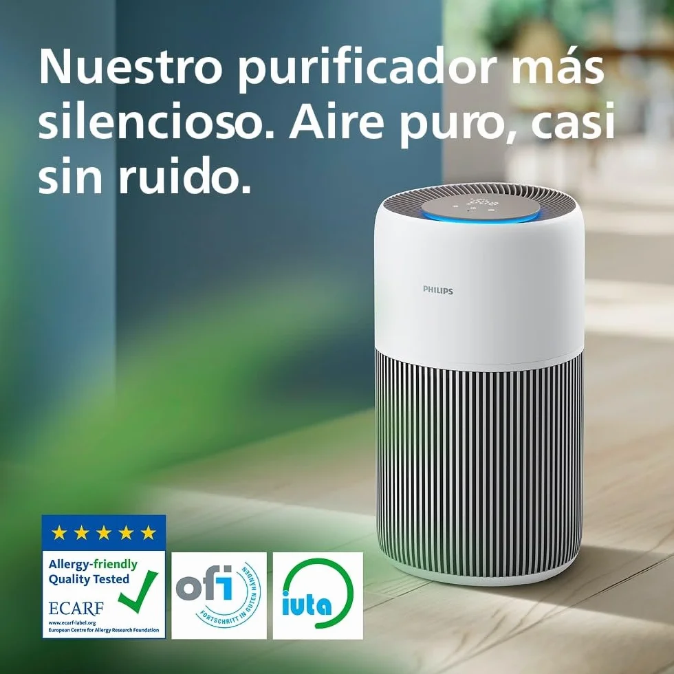 Philips Purificador de aire Serie 2200, HEPA NanoProtect + Filtro de carbón activo, CADR 400m³/h para 104m², Personas alérgicas, Ultra silencioso, Filtro inteligente y duradero (AC2210/10)