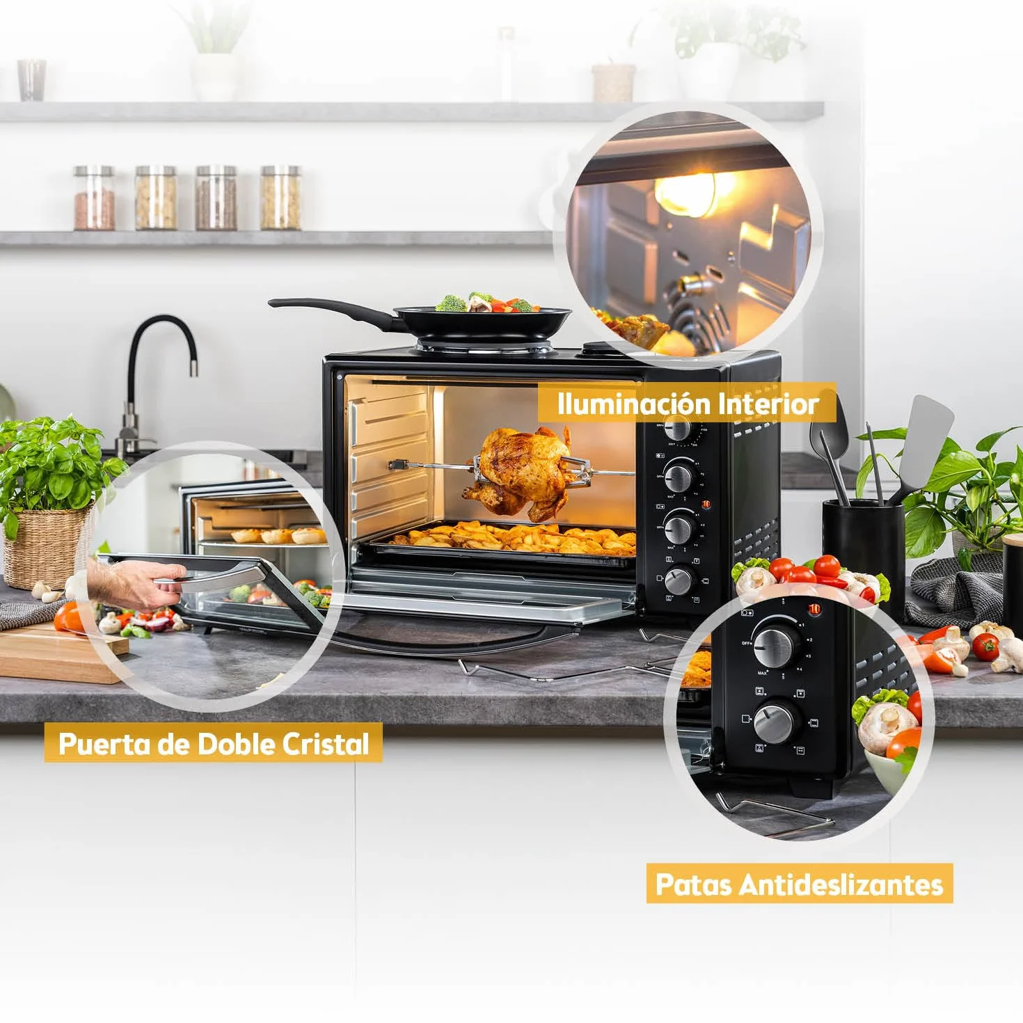 TZS First Austria Mini Horno 30L 3200W con Quemadores para Pizza 230°C 6 Modos