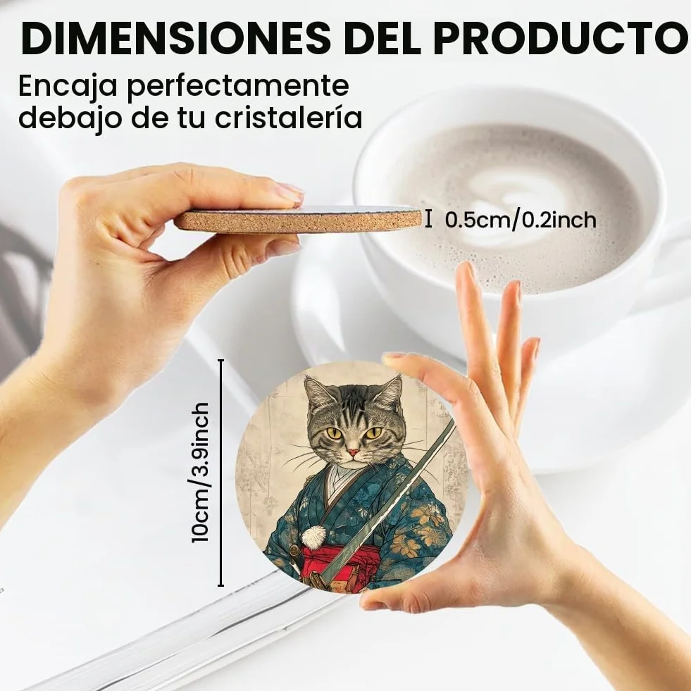 ANATTASOUL 9Pcs Gato Samurái Posavasos Madera, Posavasos De Madera, Reutilizables, Redondos, Drink Coasters, Taza para Café, Bar, Cocina, Restaurante