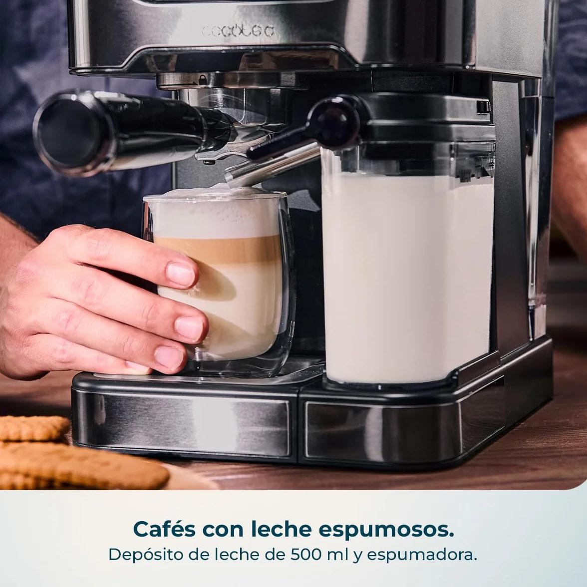 Cecotec Cafetera Express Semiautomáticas Power Espresso 20 ColdBrew Latte. 1350W, 20 Bares, Frío, Templado o Caliente, Pantalla Táctil, 1.5L Depósito Agua y 500ml Leche, Calientatazas, Doble Brazo