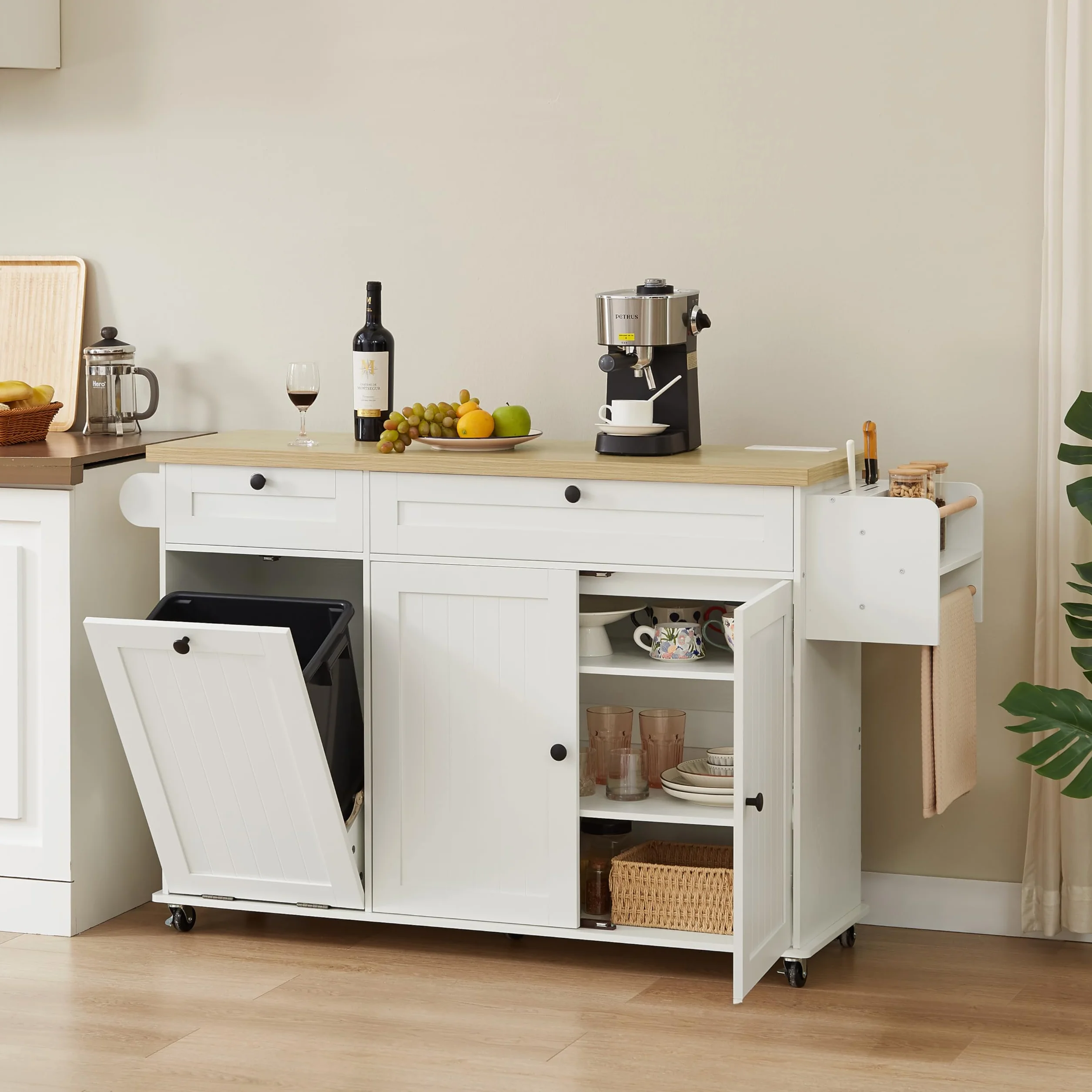 Isla de cocina de 60 pulgadas con toma de corriente y hoja de caída, isla rodante de cocina con estante para especias y toallero, soporte para cuchillos, carrito de isla de cocina con armario de