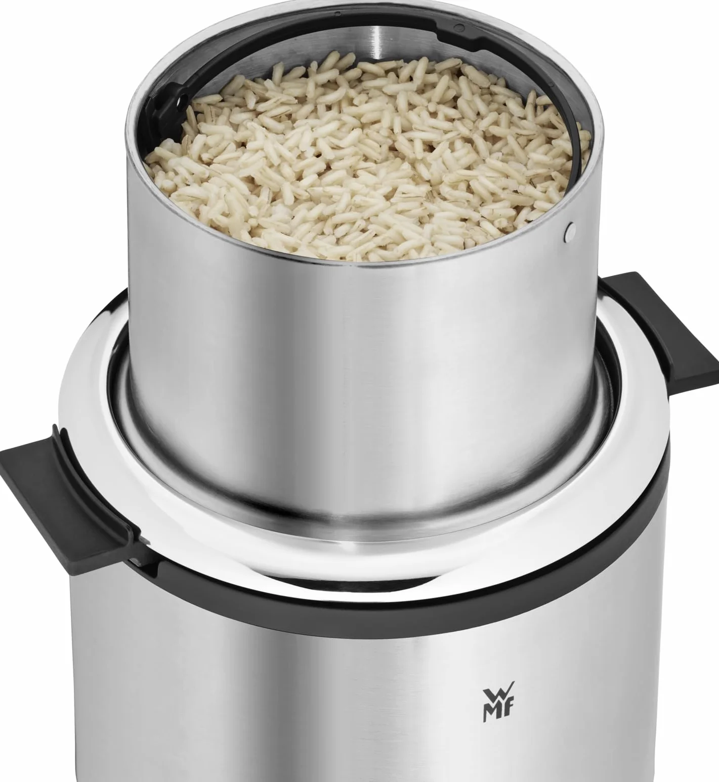 WMF Kitchenminis Arrocera 220W 1L acero inoxidable cromargan mate tapa recipiente base dual mantenimiento calor taza cuchara medidora