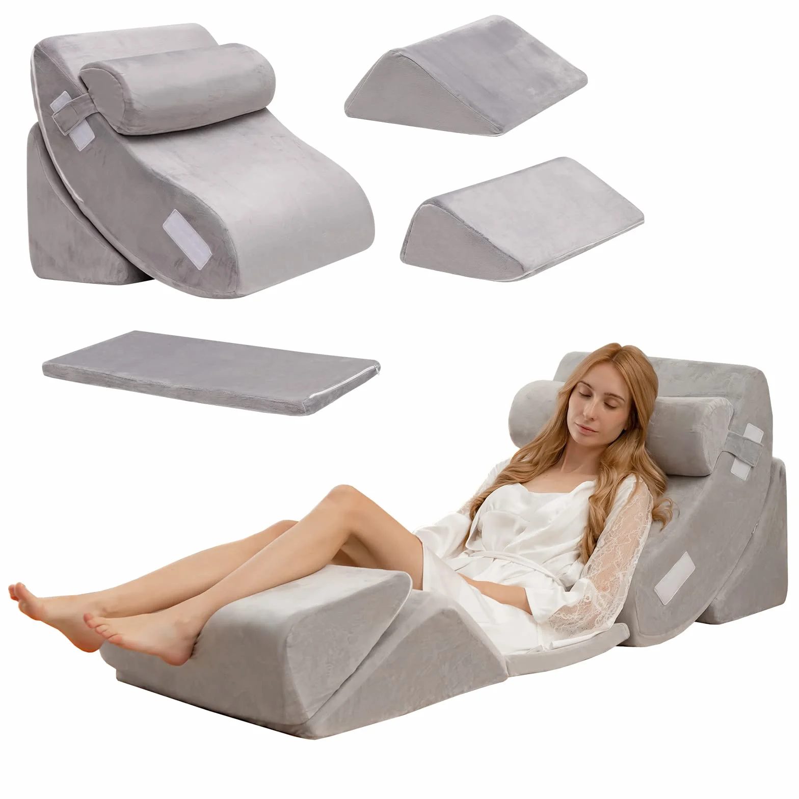 COSTWAY Almohada de Cuña para la Cama de 6 Piezas, Juego de Almohadas de Espuma de Memoria para Aliviar el Dolor de Cuerpo, Almohada de Soporte de Espalda Cómoda Ajustable y Extraíble, Gris
