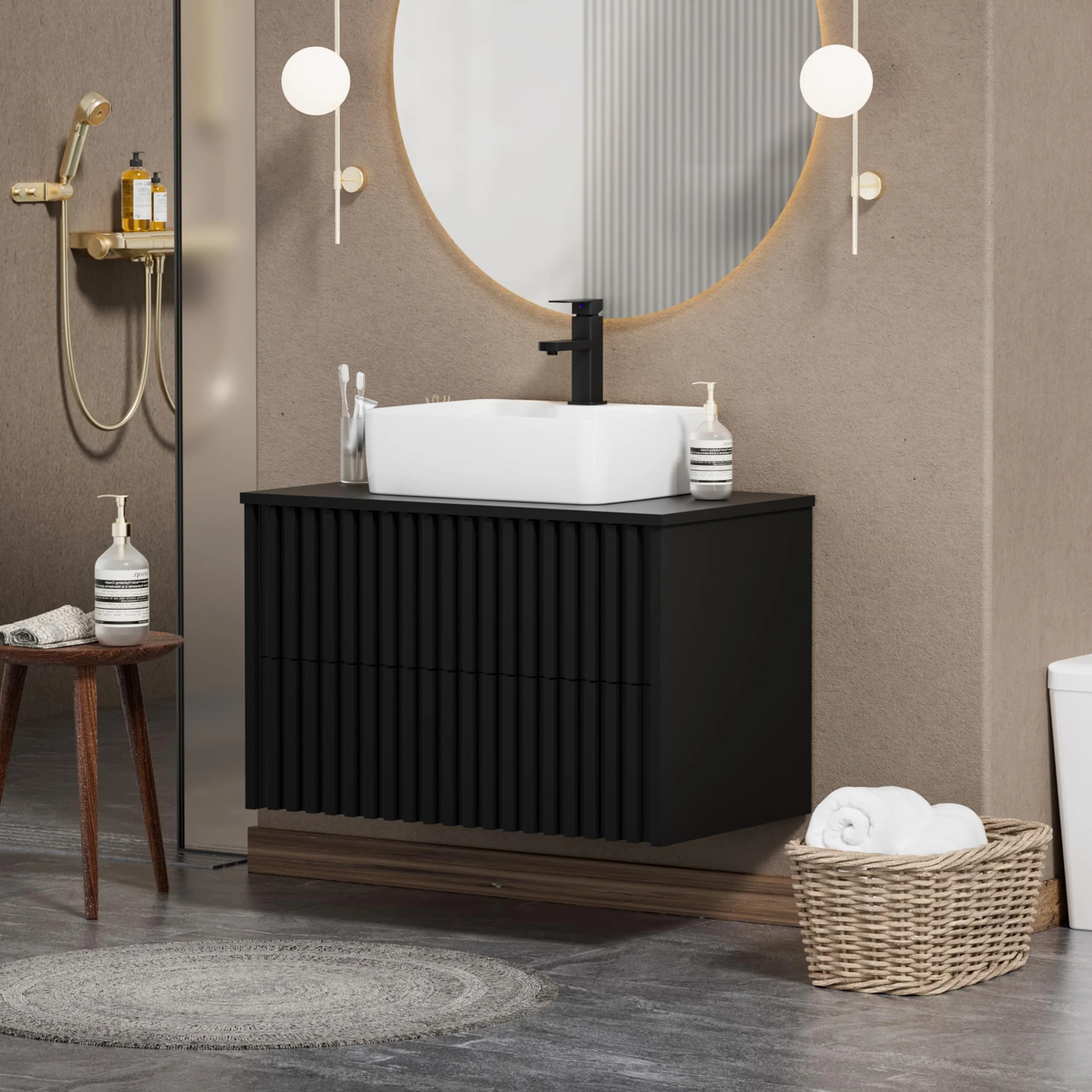 UEV Mueble de Baño 80CM con Lavabo de Cerámica, Mueble de Baño Suspendido Combina Elegancia y Funcionalidad, Lavabo con Mueble de Pared, Negro