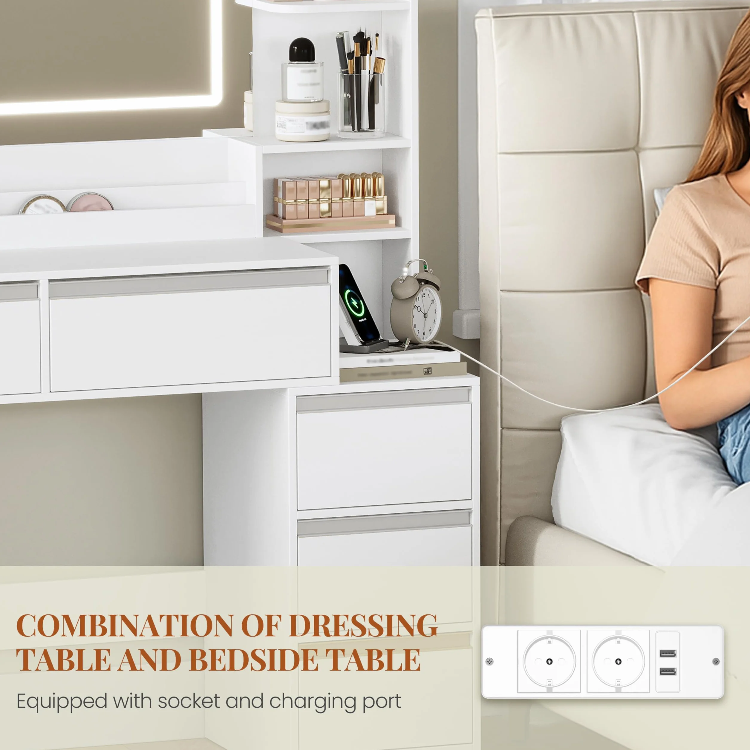 HEXCELEN 135 cm Tocador Grande, Tocador de Maquillaje con Luz LED, Grande Espejo, Mesa de Maquillaje con Prácticas Tomas de Corriente, 8 Cajones, Estantes Abiertos Mesa, Blanco-Plata
