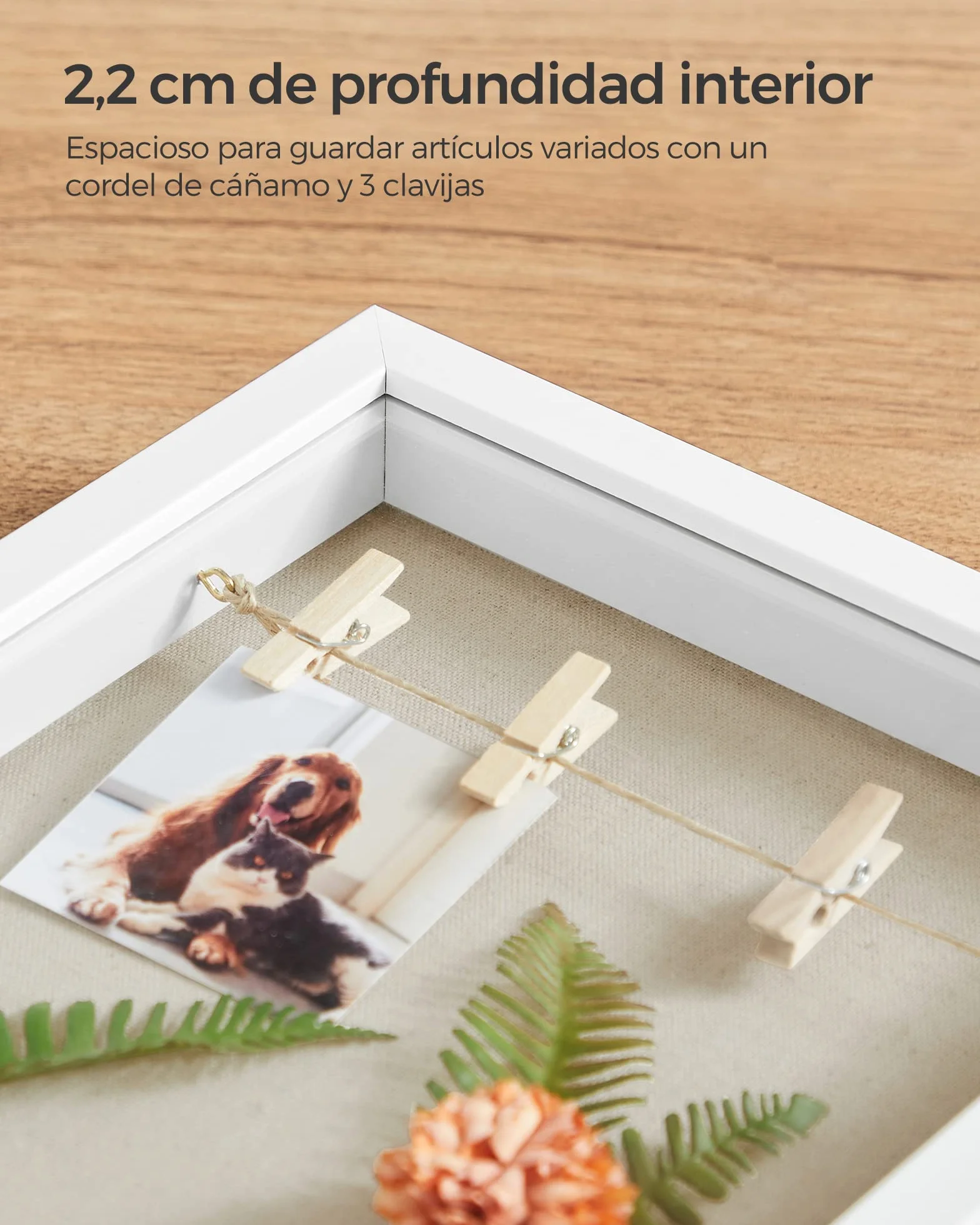 SONGMICS Marco de Fotos 3D con Pinzas, Alfileres, Reverso de Lino, Vidrio, MDF, Blanco RPF007W01