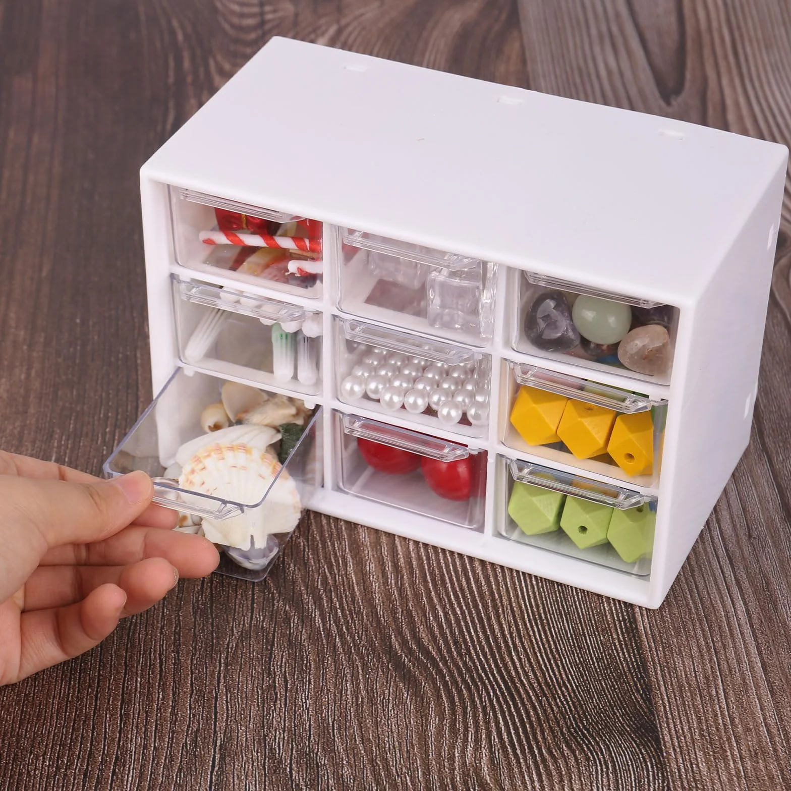 Juego de 2 cajas de almacenamiento para manualidades, cajón y organizador de escritorio con 9 cajones y mini caja extraíble transparente y blanca