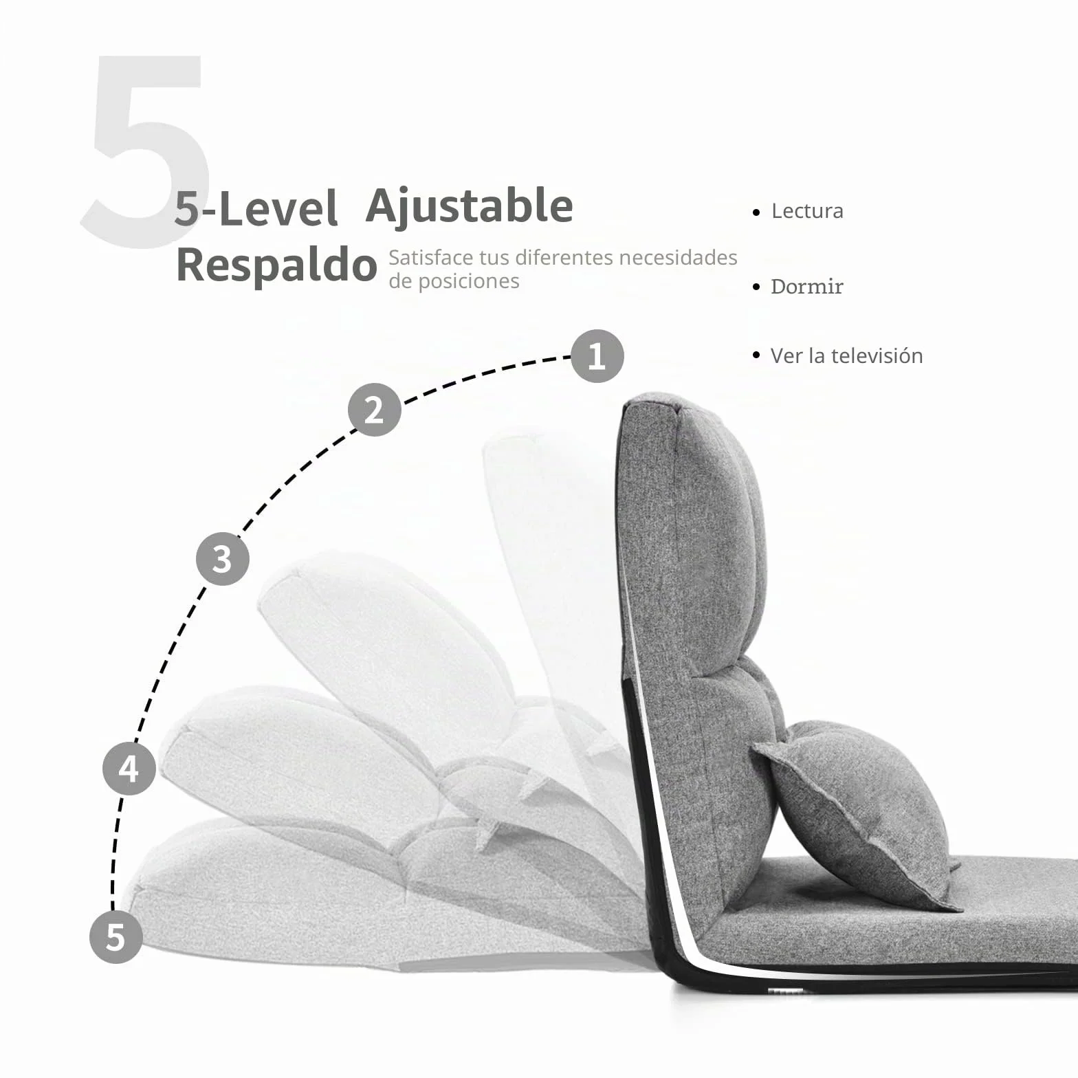 LIFEZEAL Sofá de Suelo Plegable, Silla de Piso sin instalación, sofá Perezoso Ajustable en 5 Posiciones, Silla de Suelo con cojín Lumbar para Leer, meditar en el salón (Gris)