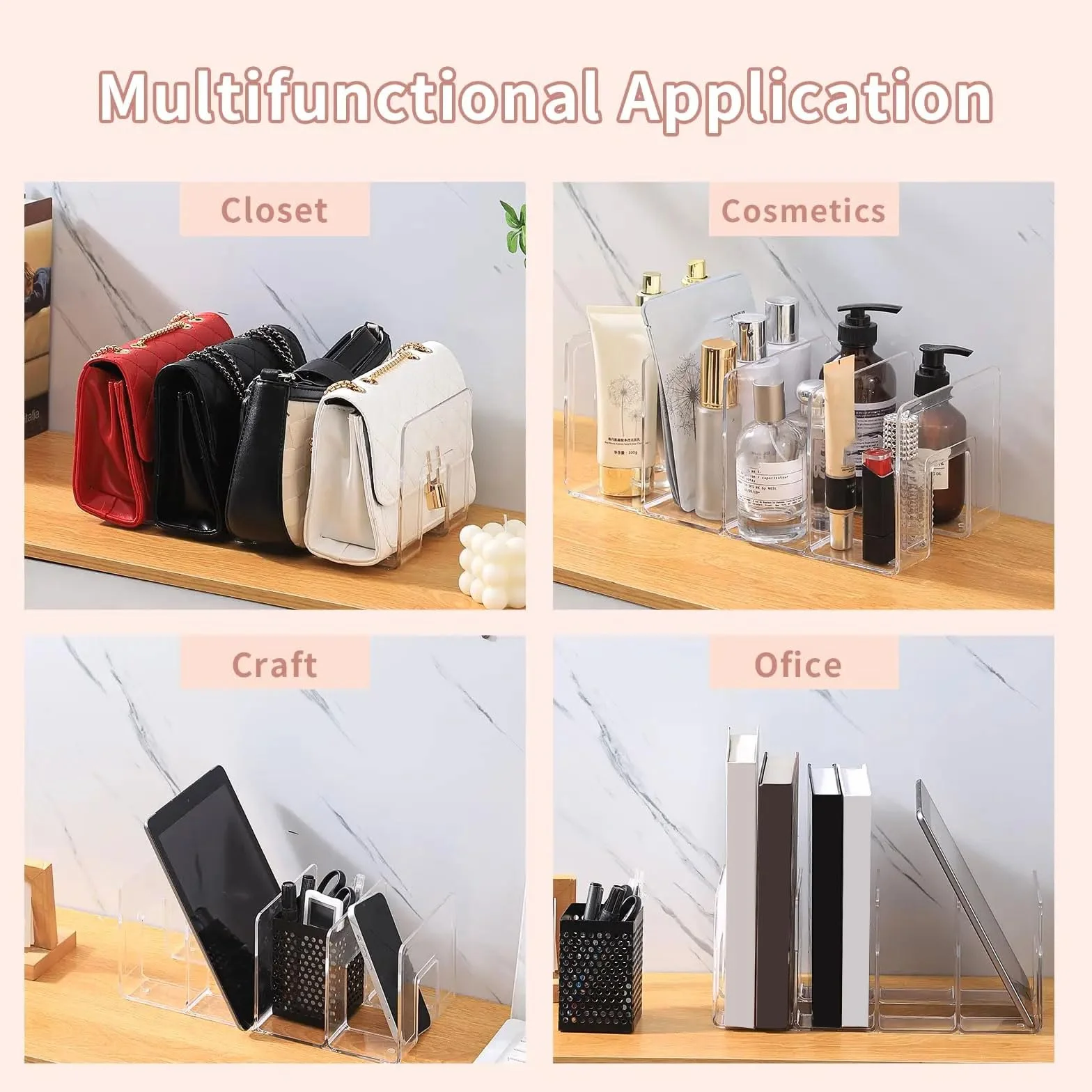 Elegante organizador de bolsos de acrílico transparente y resistente, divisor de estante de 4 secciones para armario y soporte de exhibición, soporte de almacenamiento, soporte para bolso de vestidor