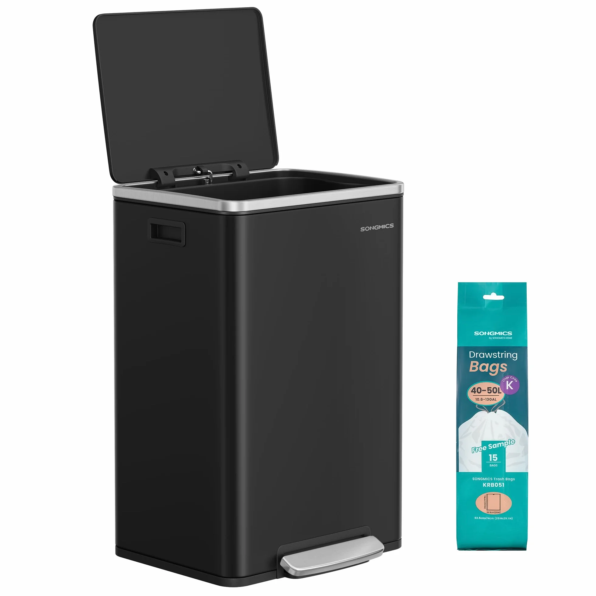 SONGMICS Cubo de Basura 50 L, con 15 Bolsas de Basura, Acero, Bolsa de Plástico Extraíble, con Tapa, Asas, Cierre Suave, Negro Tinta LTB595B02