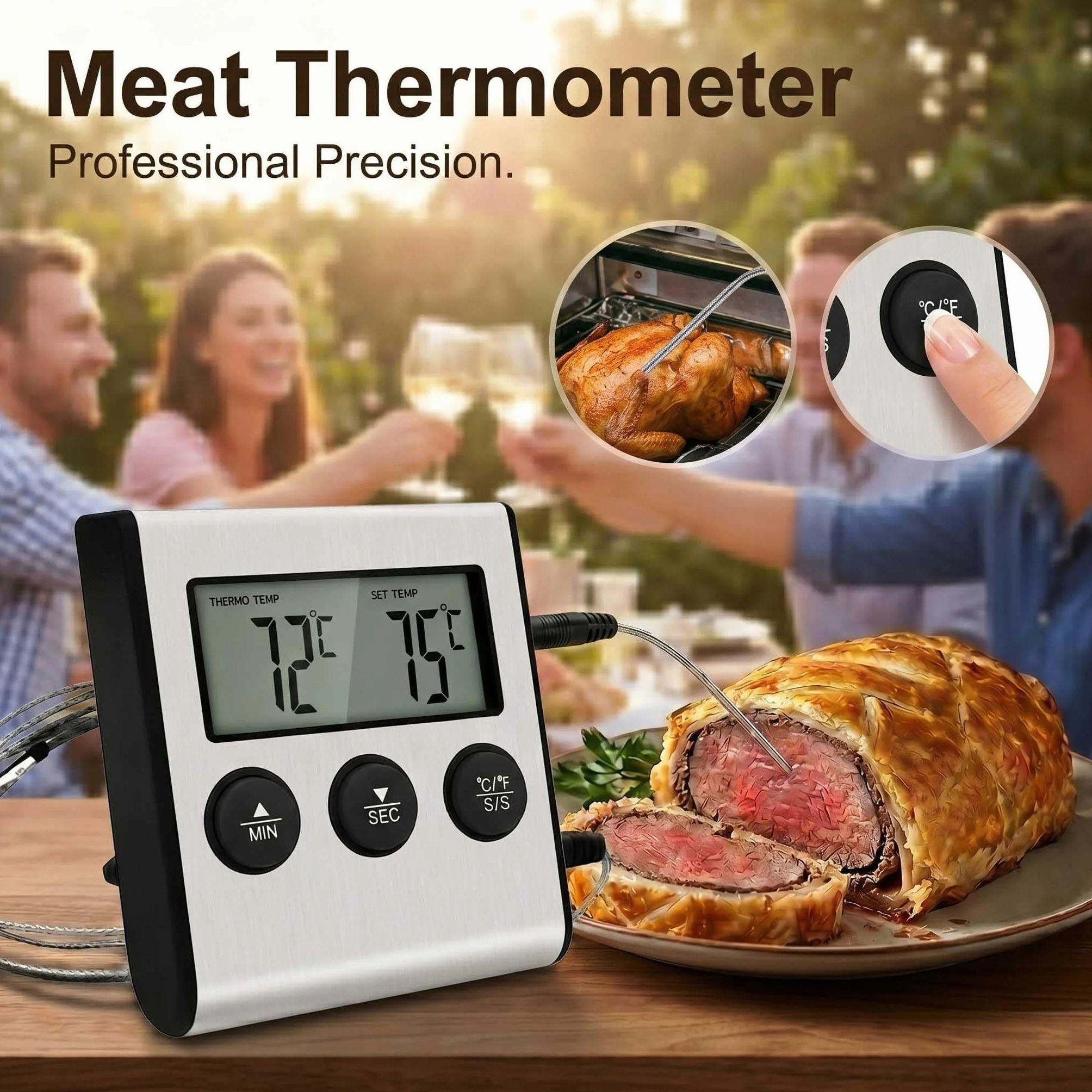 Termómetro Cocina con Sonda, Temporizador integrado, Termometro Horno Digital para Cuisine, Comida, Barbacoa, Liquidos y Aceite, Doméstico Termómetro Carne con Gran Pantalla LCD & Alarma