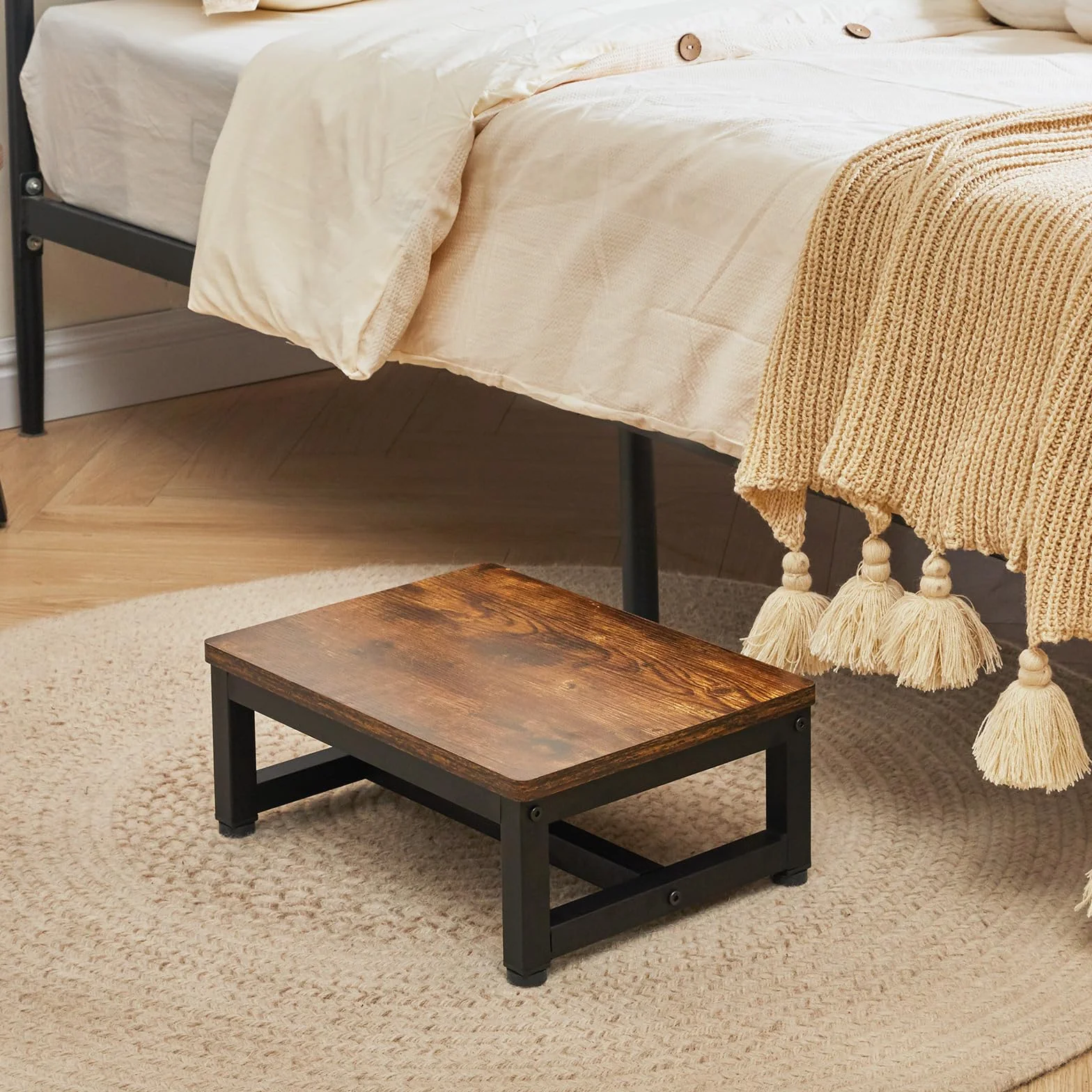 IBUYKE Taburete de Madera para Adultos Niños, Peldaño Resistente con Capacidad de 500 Lbs, Taburete de Madera Antideslizante para Camas Altas Sala de Estar Baño Cocina, Marrón Rústico TBD001H