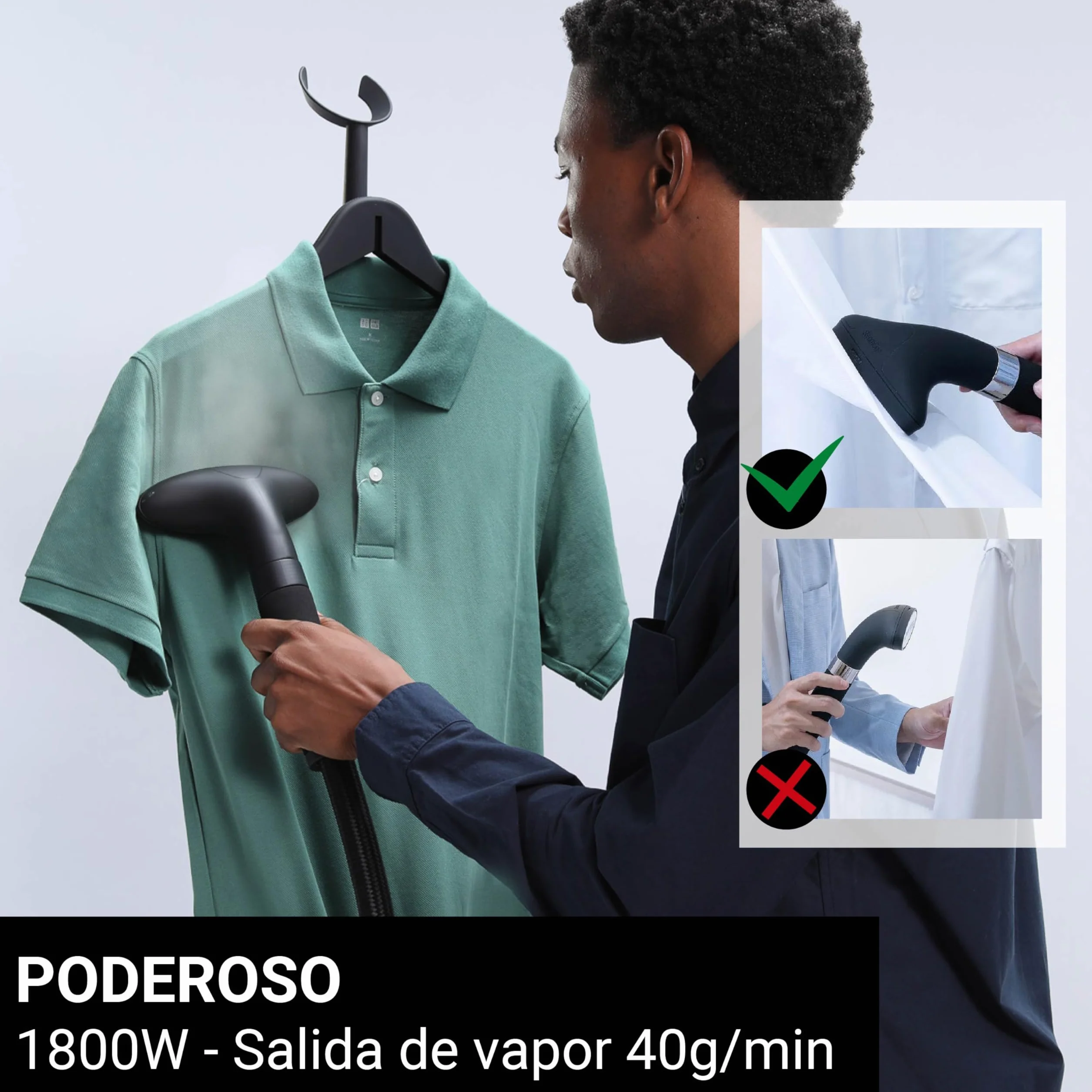 STEAMONE - Plancha de vapor vertical 1800W 40g/min - Autonomía del vaporizador hasta 45min - Capacidad del depósito 1,8L - Elimina el 99,99% de las impurezas - Listo en 60s - Cable de 2m - EUHG100B