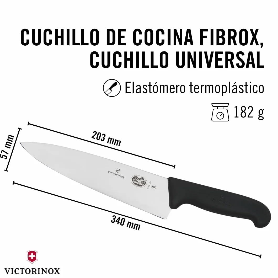 Victorinox Fibrox Cuchillo de cocina, cuchillo universal ancho para carne, pescado, verdura y hierbas, 20 cm, hoja recta, afilado, acero inoxidable, negro
