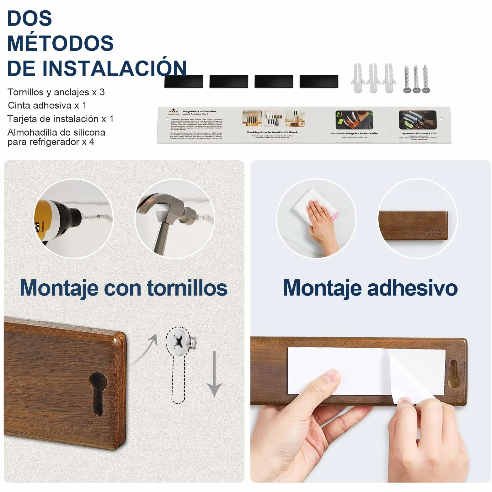 ENOKING Barra Magnetica para Cuchillos 40 cm, Soporte Imán de Madera de Acacia con Ganchos