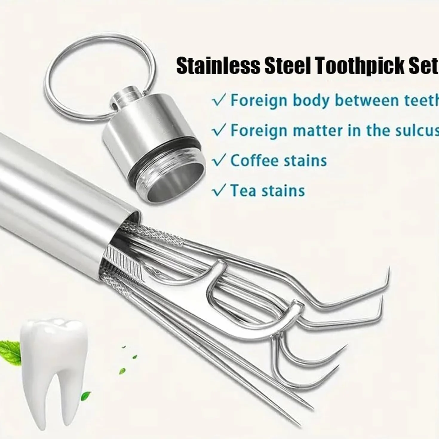 Juego de 7 palillos de dientes de acero inoxidable 304 portátil con tubo
