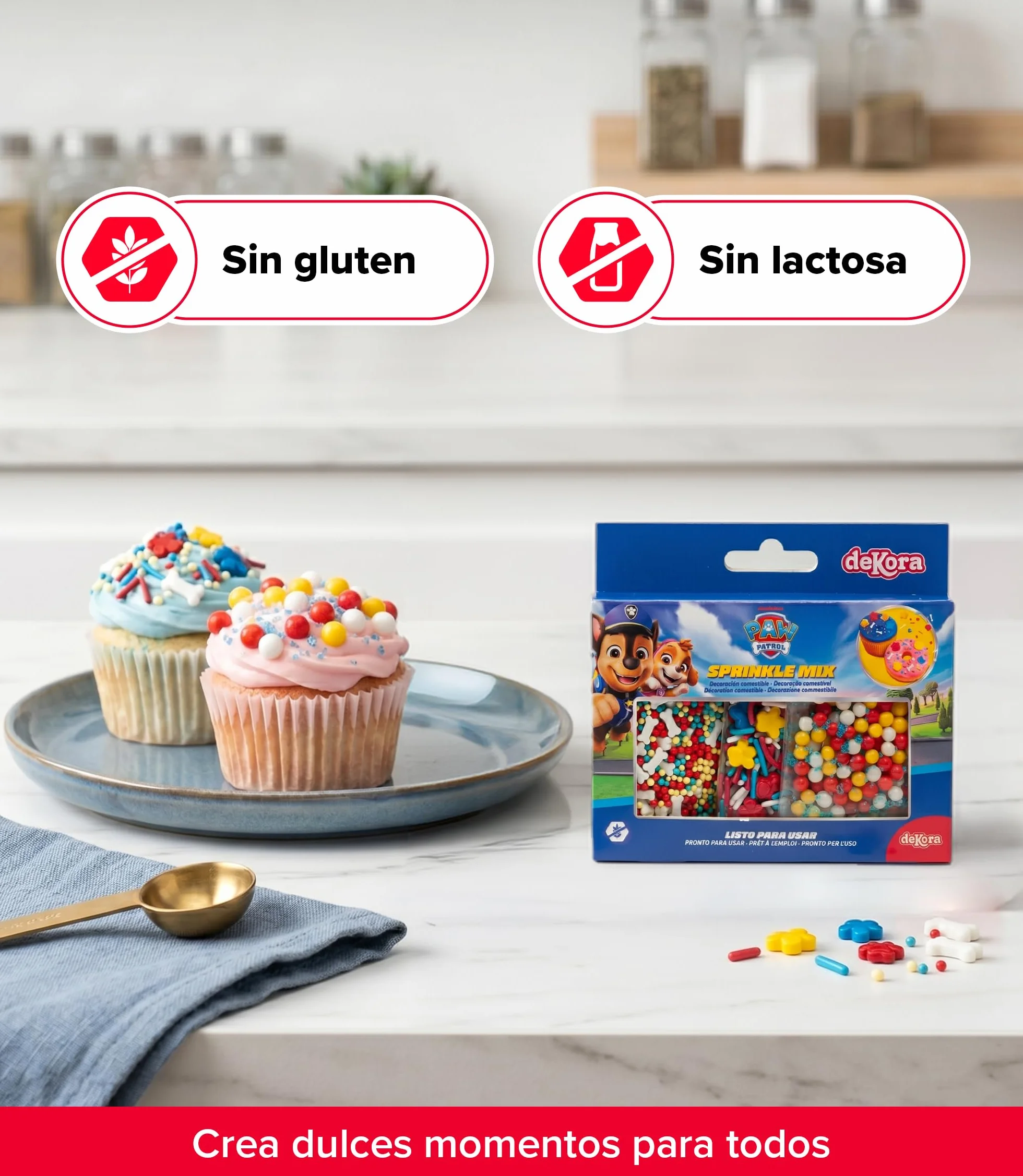 Dekora Sprinkles de azúcar para repostería Mix Patrulla canina 70g Decoracion tartas cumpleaños infantiles 3 unidades Adornos comestibles sin gluten