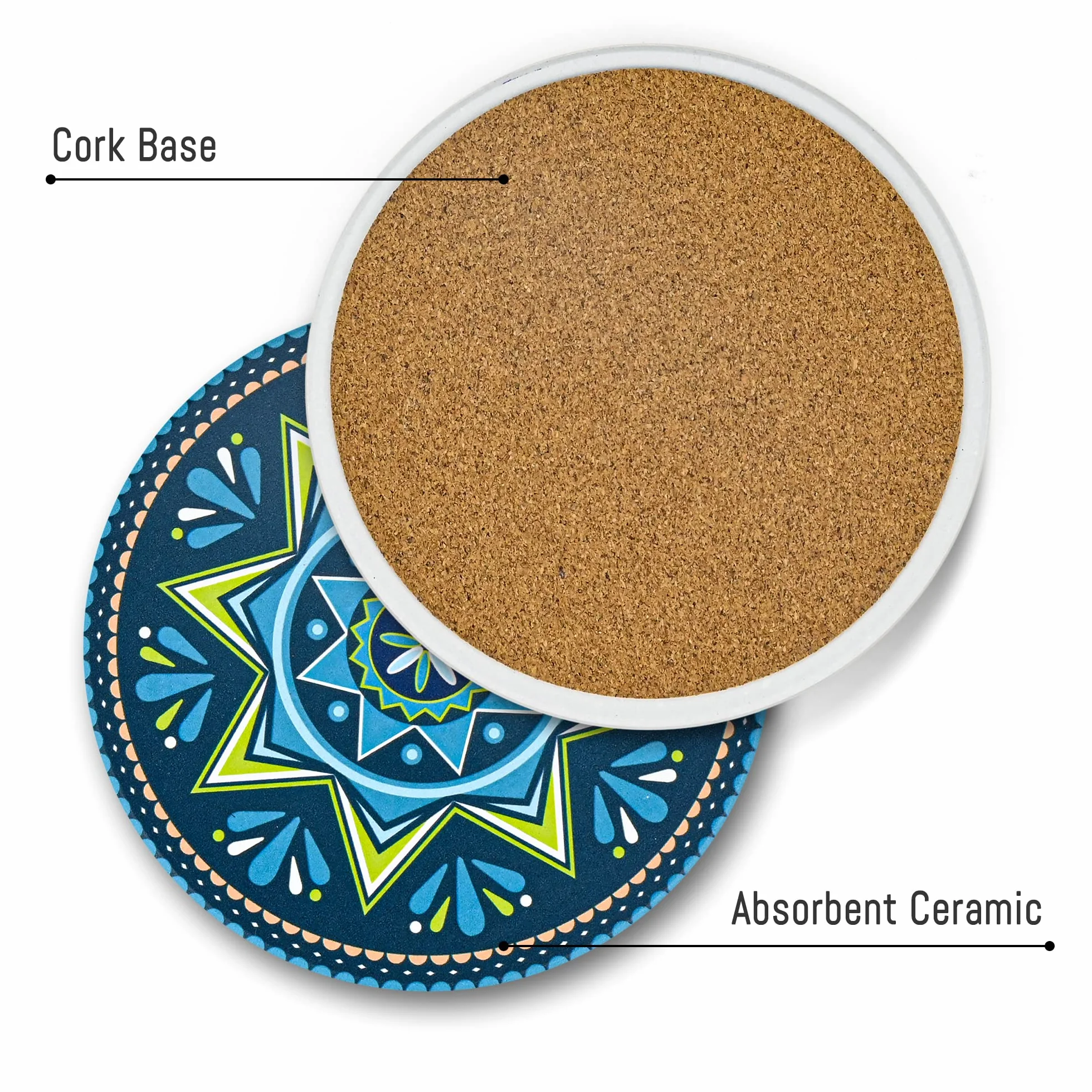 Mandala Juego 8 Posavasos Cerámica Redondos 4 Pulgadas Soporte Bebidas Absorbente Base Corcho Antideslizante