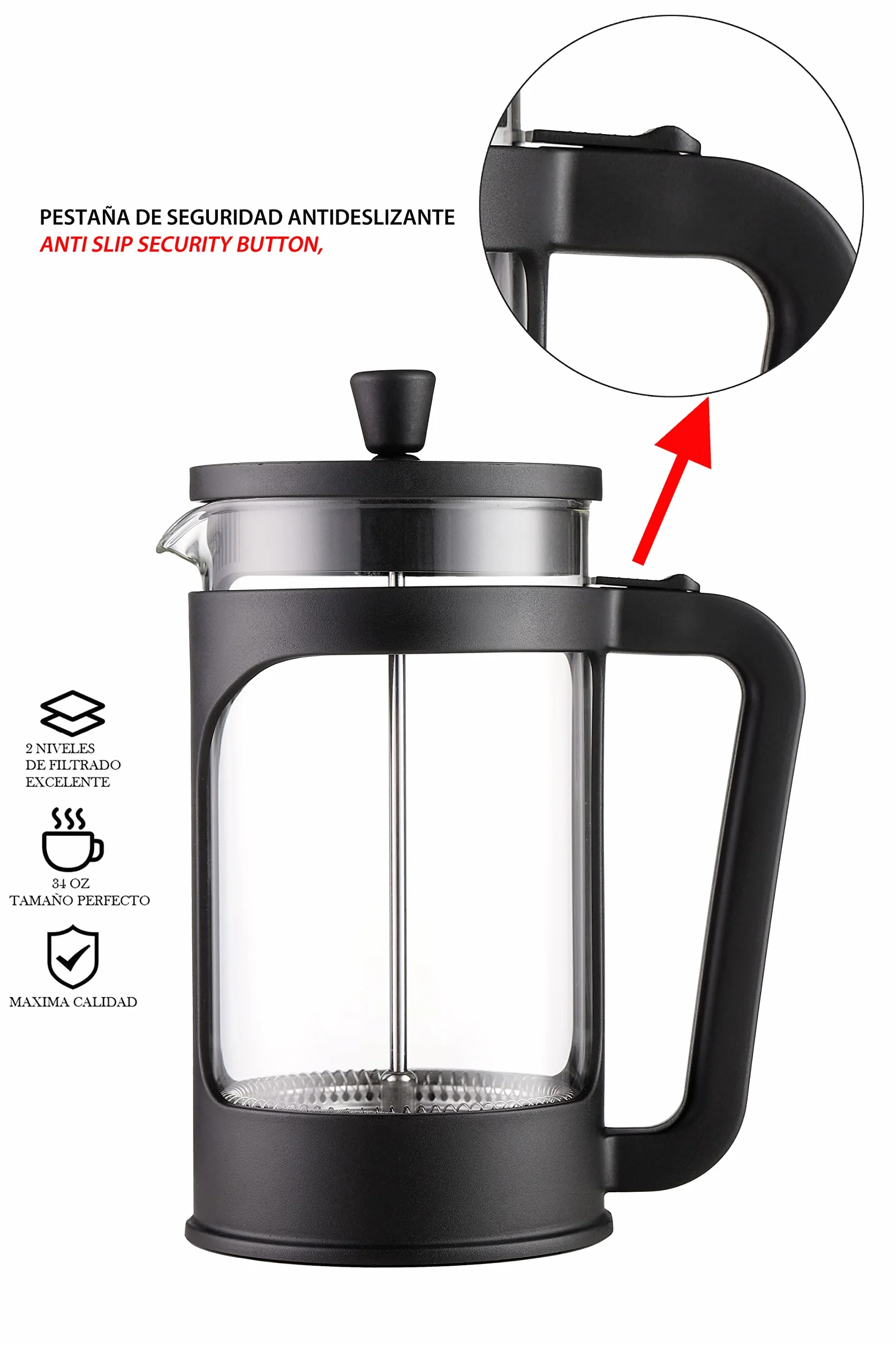 VIER - Cafetera/tetera de prensa francesa de 1 litro / 34 Oz. Vidrio borosilicato resistente al calor. Filtro acero inoxidable y cubierta negra.