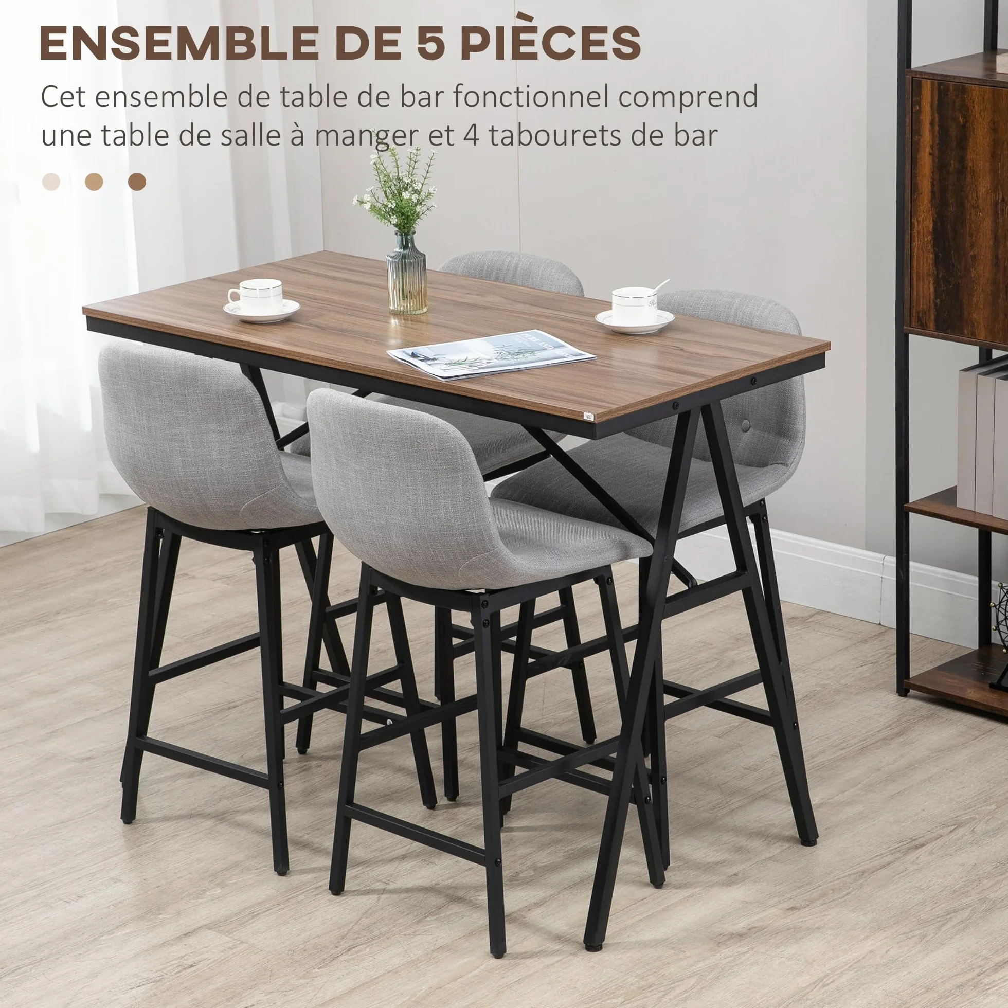 HOMCOM - Conjunto de mesa de bar con taburetes, mesa de comedor de pie con 4 sillas tapizadas, patas de acero, estilo industrial, mesa alta bar y 4 taburetes para comedor, cocina, color gris claro