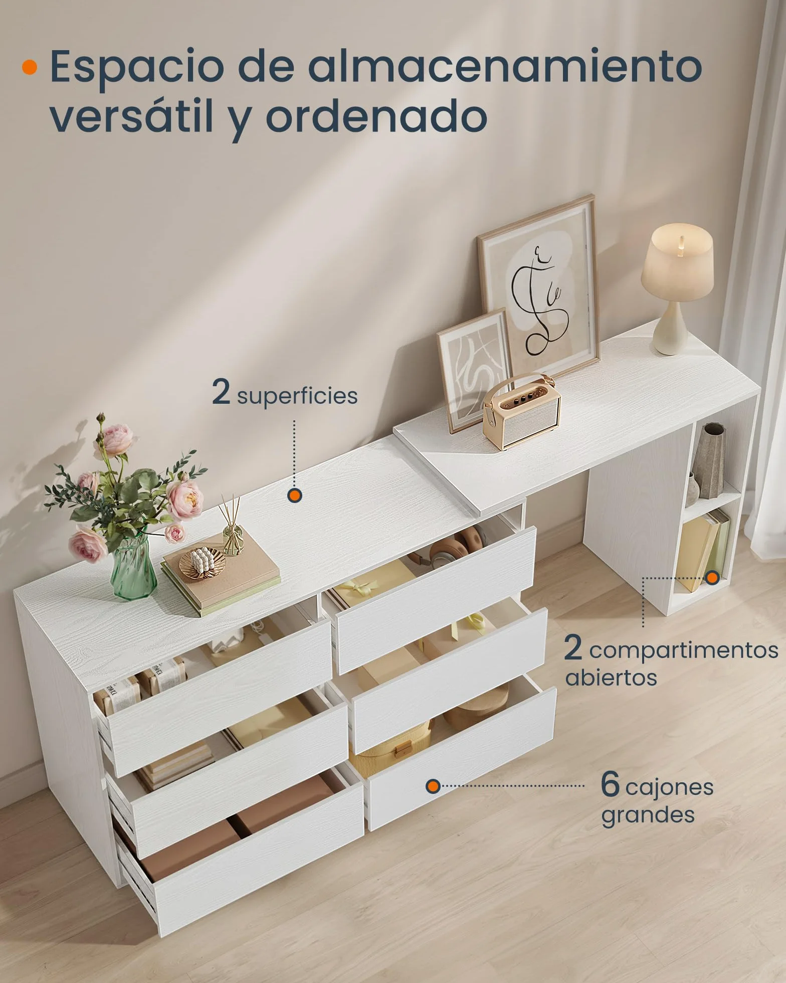 SONGMICS HOME Cómoda de Dormitorio, Mueble Cajonera con 6 Cajones, Tablero de Partículas, 153 x 39 x 73,9 cm, Aparador Auxiliar para Escritorio, Blanco, Colección Kadin LTS656W01