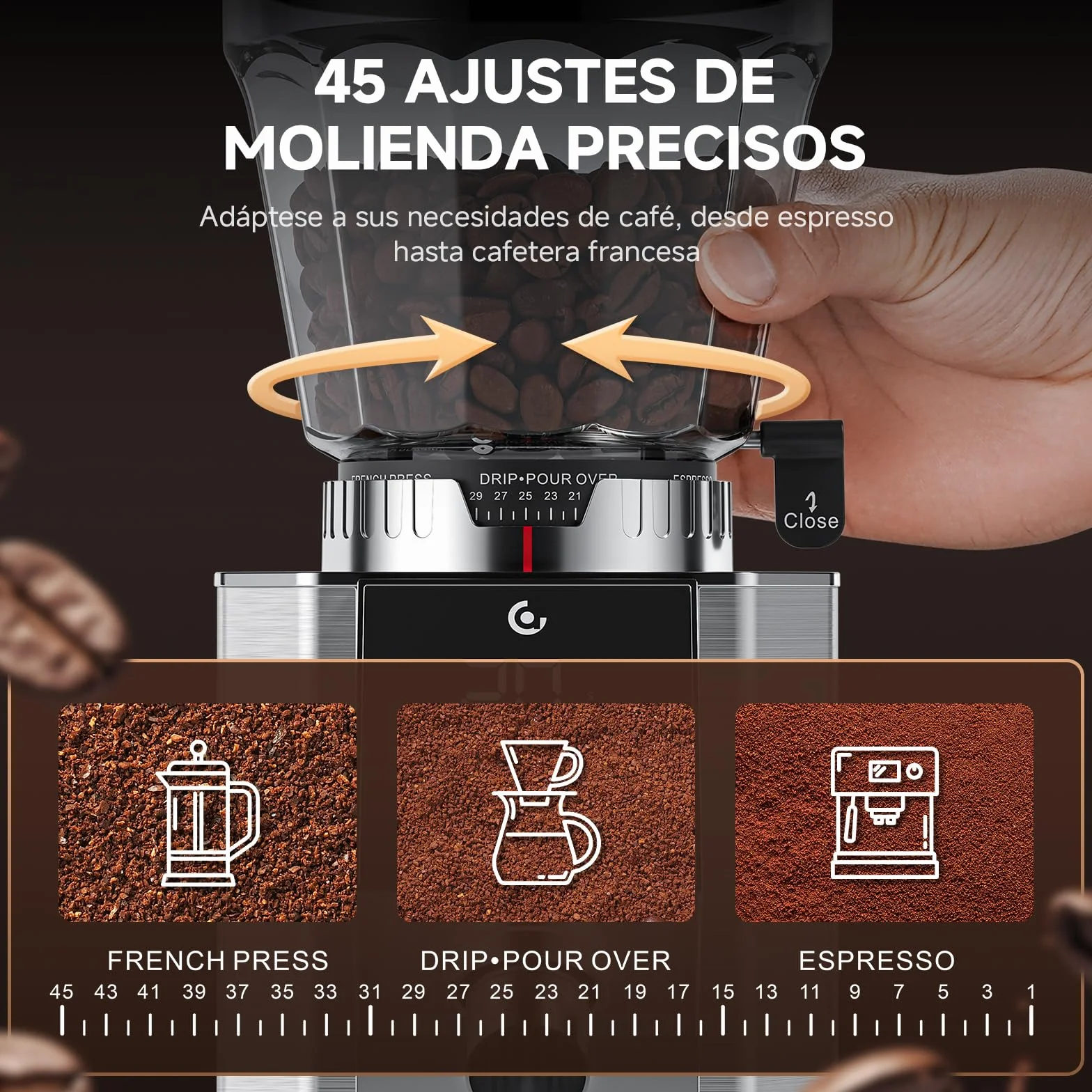 AMZCHEF Molinillo de Café Eléctrico para Espresso, 45 Ajustes de Molienda, Muelas Cónicas de Acero Inoxidable, Soporte para Portafiltros Ajustable, Panel Táctil LED, Tecnología Anti-Stática