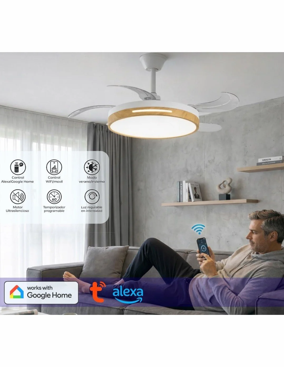 JARDIN202 - Ventilador de Techo con Aspas Retráctiles, Motor DC, Temporizador, Luz LED Regulable, Mando a Distancia, 6 Velocidades | 50 cm (Vejer Wifi Madera)