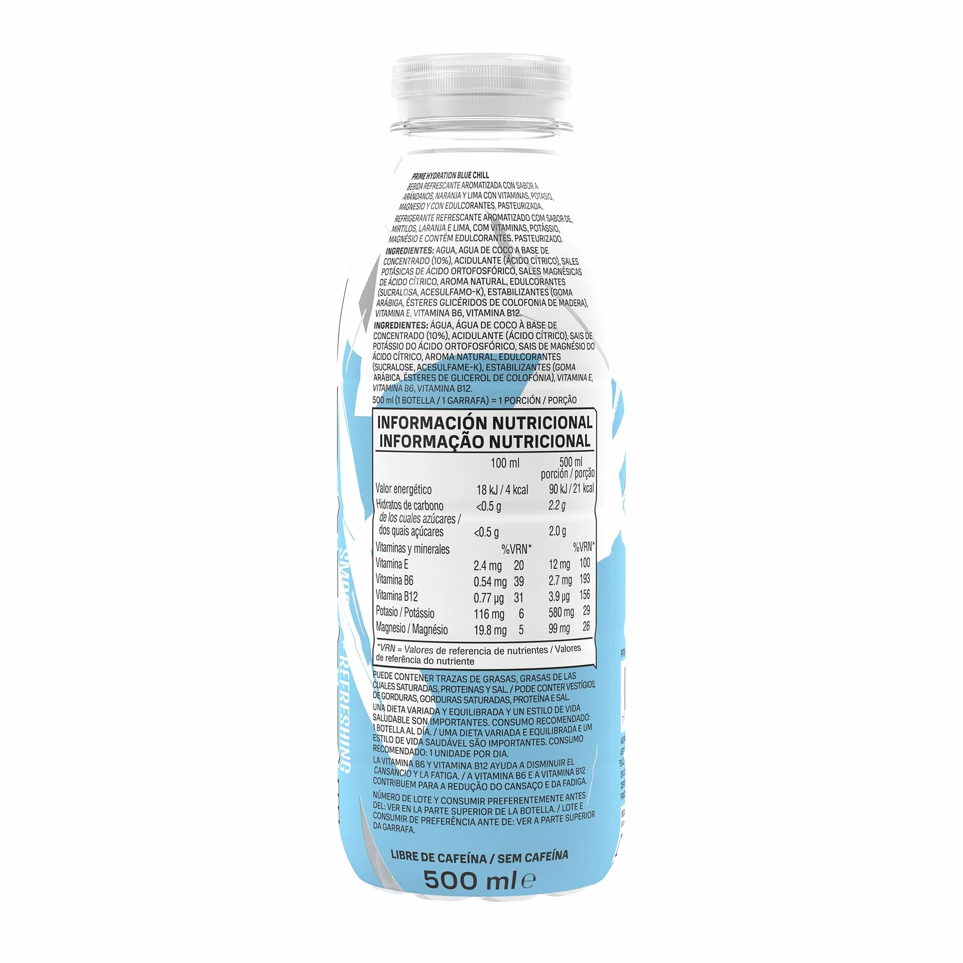 PRIME Hydration Ice Blue Bebidas Deportivas con Electrolitos, 250 mg BCAA, Vitamina B, Antioxidantes, Bajo en Azúcar, 16.9 fl oz, Paquete de 12