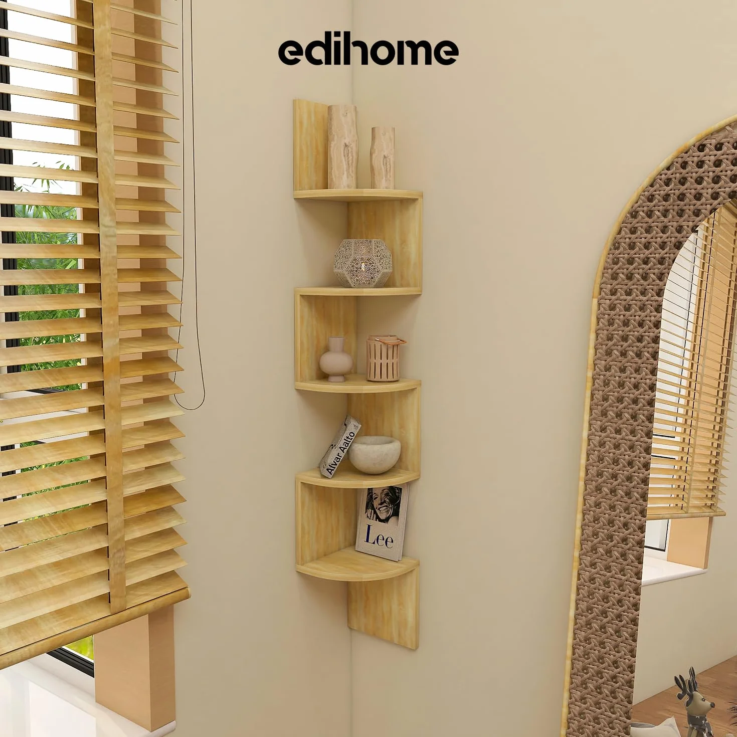 edihome, Estantería Esquina Pared, 5 Baldas,123 x 19,2cm, Madera Natural, Esquinera, Decoración, Estante Salón, Certificación Europea (Madera)