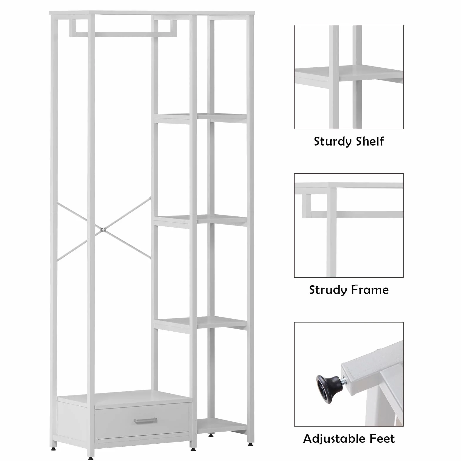 SogesHome Perchero de pie con estantes de almacenamiento y cajón, 3 en 1, de madera, con 4 niveles para dormitorio