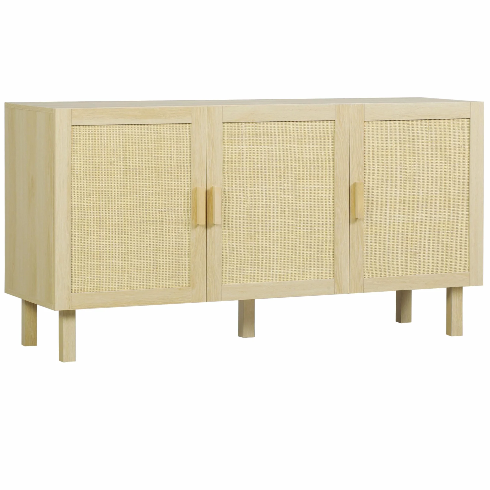 HOMCOM Aparador 3 Puertas de Rejilla de Ratán Aparador para Salón Nórdico con Estantes Ajustables para Comedor Entrada Dormitorio Natural 136x41x70 cm