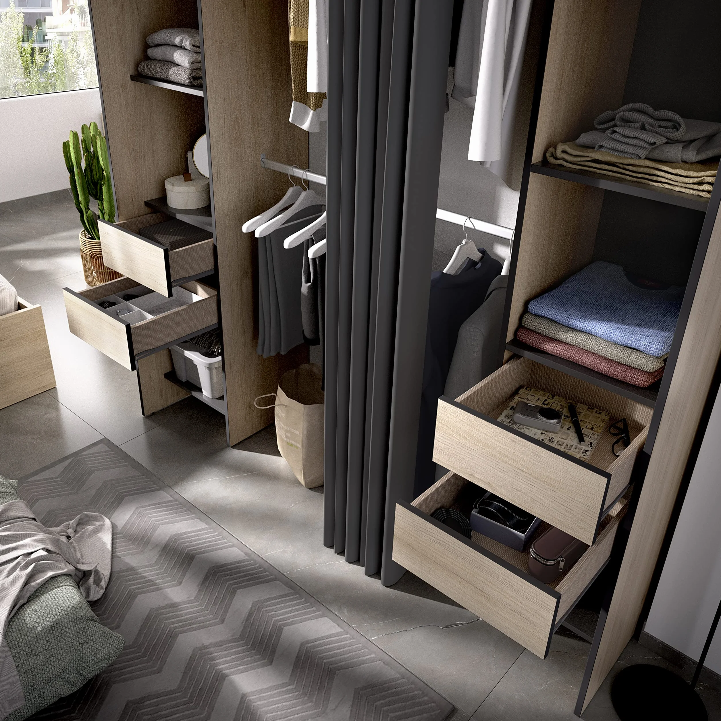 DEKIT GRUPO RIMOBEL SUIT - Vestidor con estantes y curato cajones con cortina - Natural / Grafito - 205 X 50 X 177,5 cm