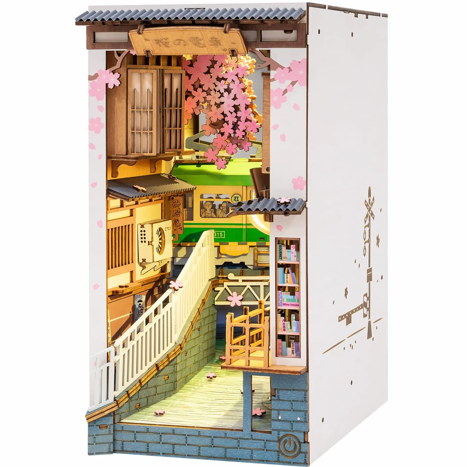 ROBOTIME Sakura Densya Book Nook Kit, Casa Libros de Madera, Bookend con Luces LED, Hogar, Decoración de Estantería, Regalo del Día de la Madre