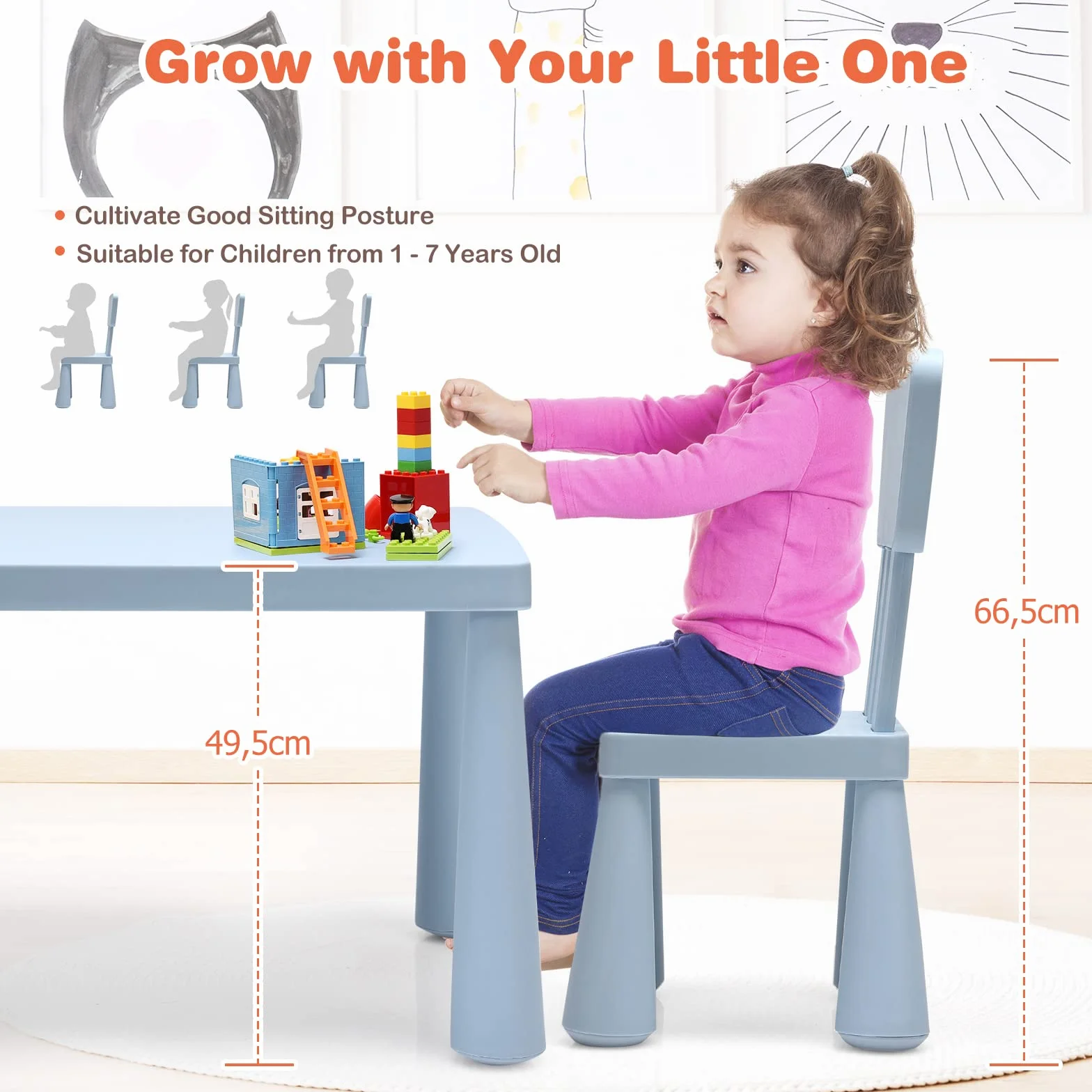 LIFEZEAL Juego de Mesa y Silla Infantil 3 Piezas, Mesa con 2 Sillas de Plástico para Niños 1-7 Años (Azul)