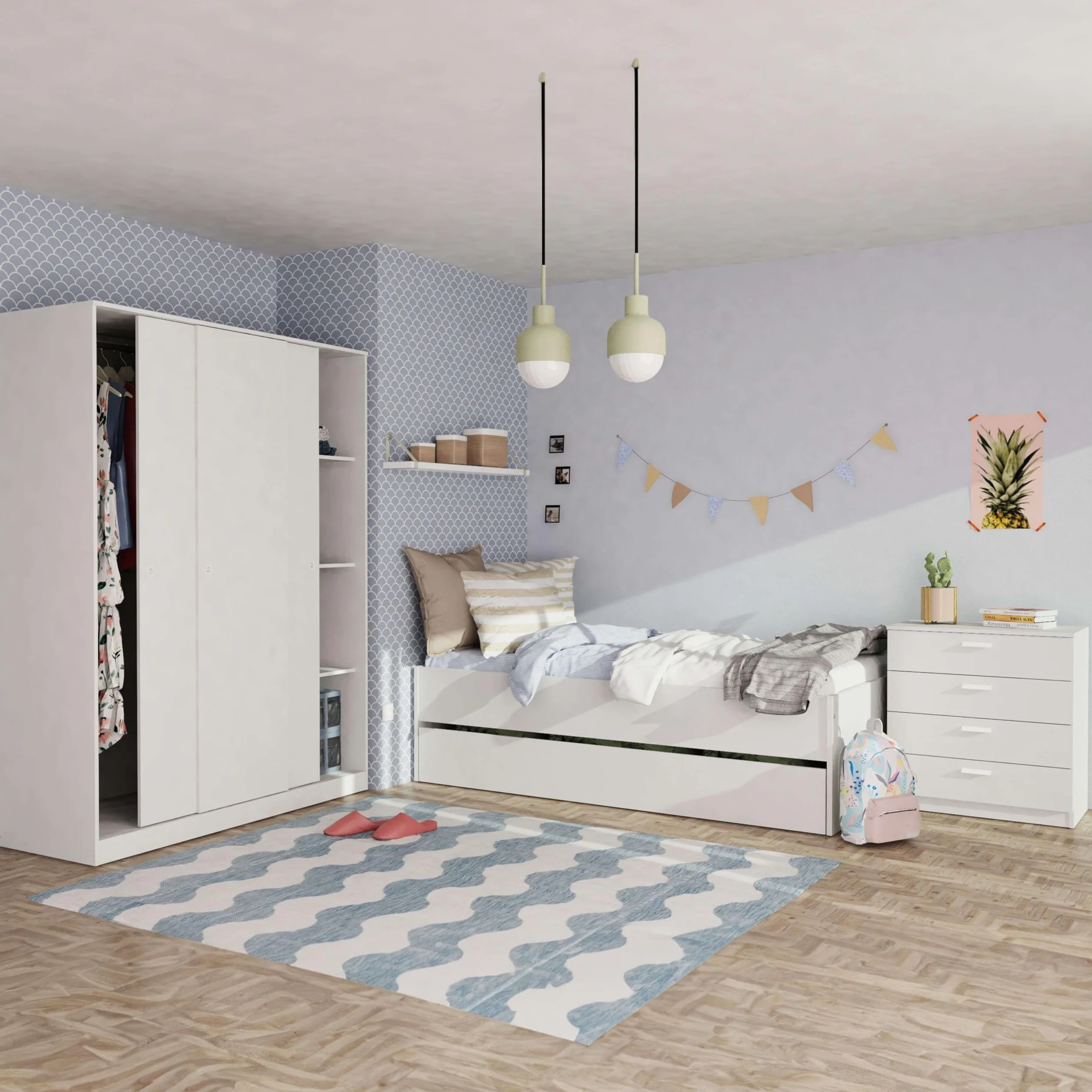 Miroytengo Pack Muebles Dormitorio Juvenil Tibet Estilo Contemporáneo en Color Blanco Mate (Cama 105x190 cm + Armario + Cómoda)