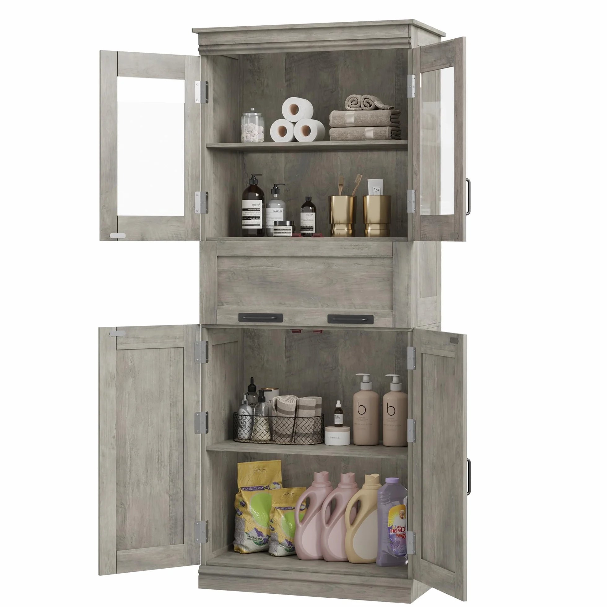 Armario de Baño Estilo Clásico Antiguo, Premium Ancho, Gran Almacenamiento, Ideal para Cocina, Baño y Salón. Estructura de Madera Maciza. 60 × 30 × 170 cm, Color Gris