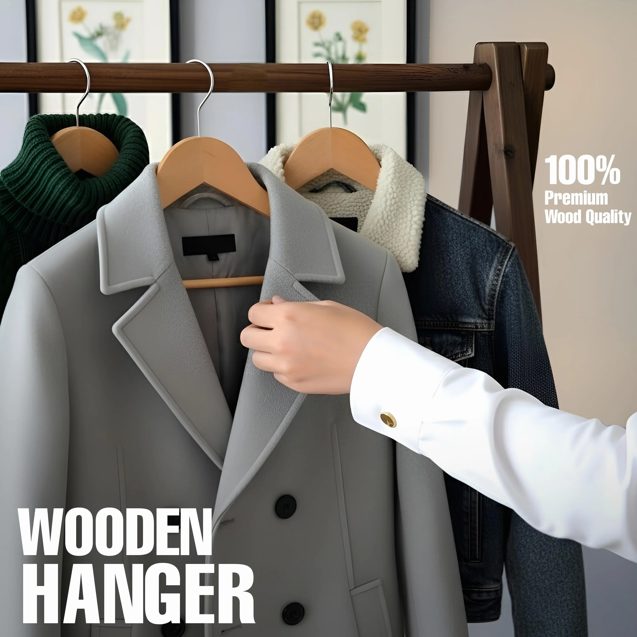 Utopia Home Paquete de 20 Perchas de Madera con Barra para Pantalones y Ranuras para los Hombros, Diseño Robusto y Delgado para Abrigos, Trajes, Pantalones y Chaquetas, Natural