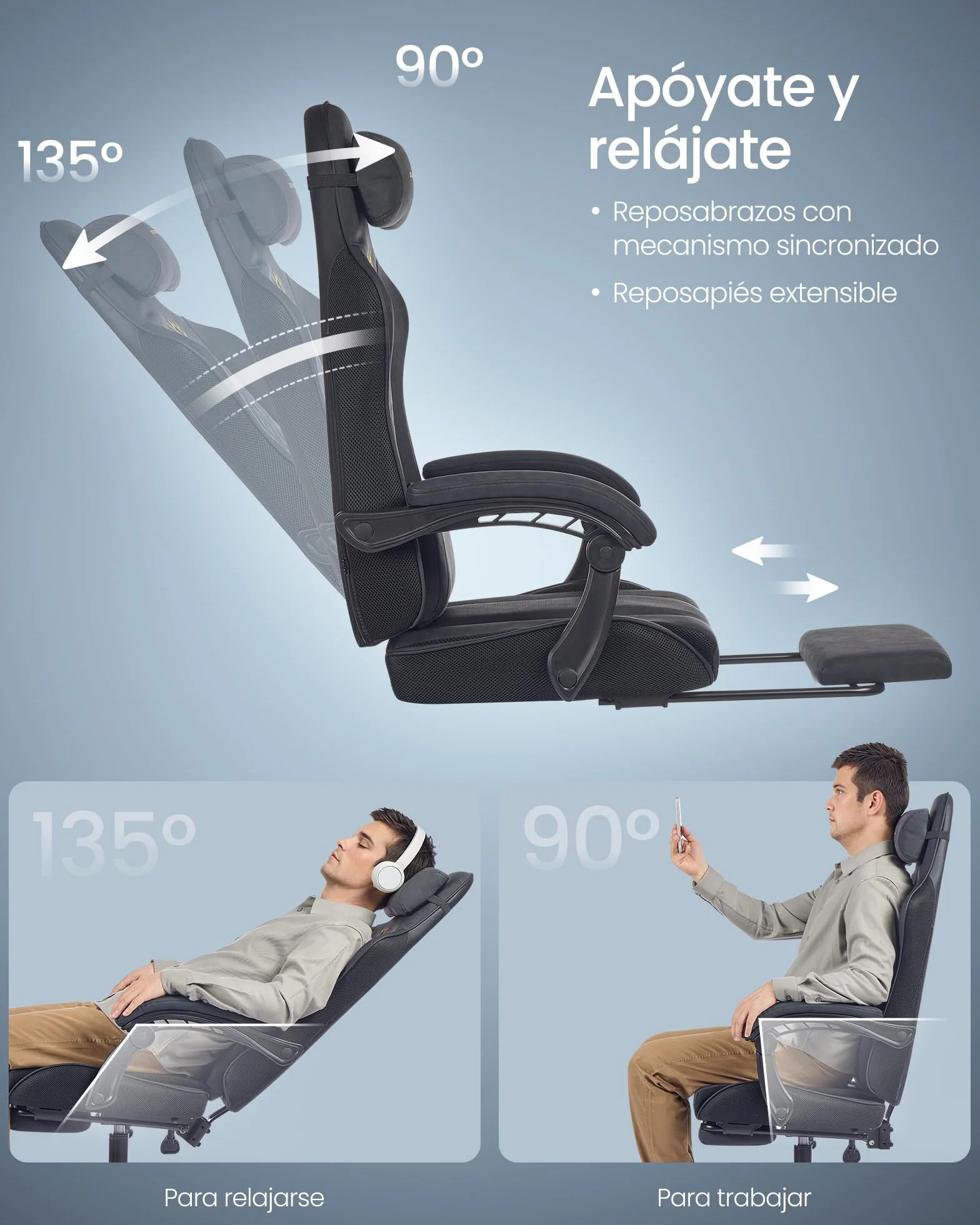 SONGMICS Silla Gaming Ergonómica de Escritorio con Resortes Reposapiés Reposabrazos Negro Tinta
