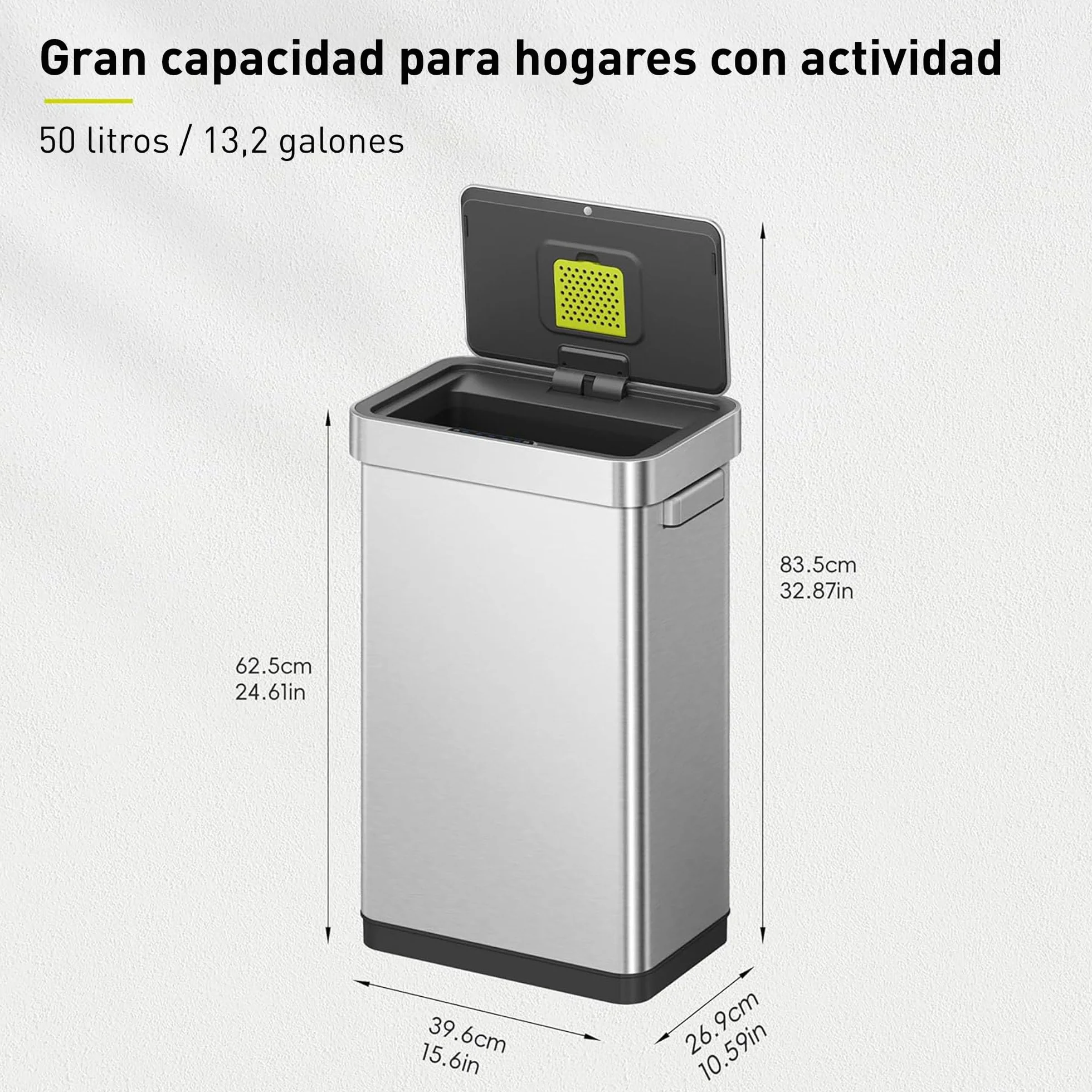 EKO Deluxe Mirage-T - Cubo de basura rectangular con sensor de movimiento sin contacto de 50 litros/13.2 galones, acabado de acero inoxidable mate