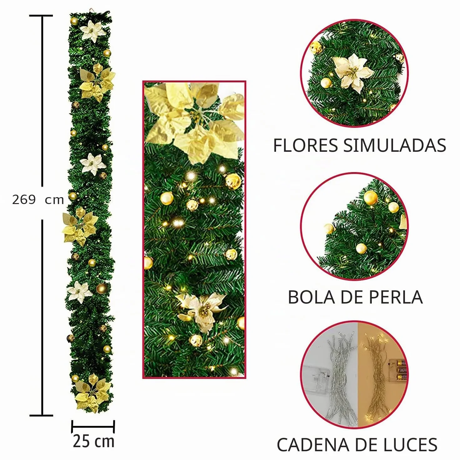 Guirnalda de Navidad con luces LED, 2,7 m (2,7 m), corona de Navidad de ratán artificial, guirnalda colgante para puerta delantera, guirnalda para colgar en la puerta delantera, para chimeneas