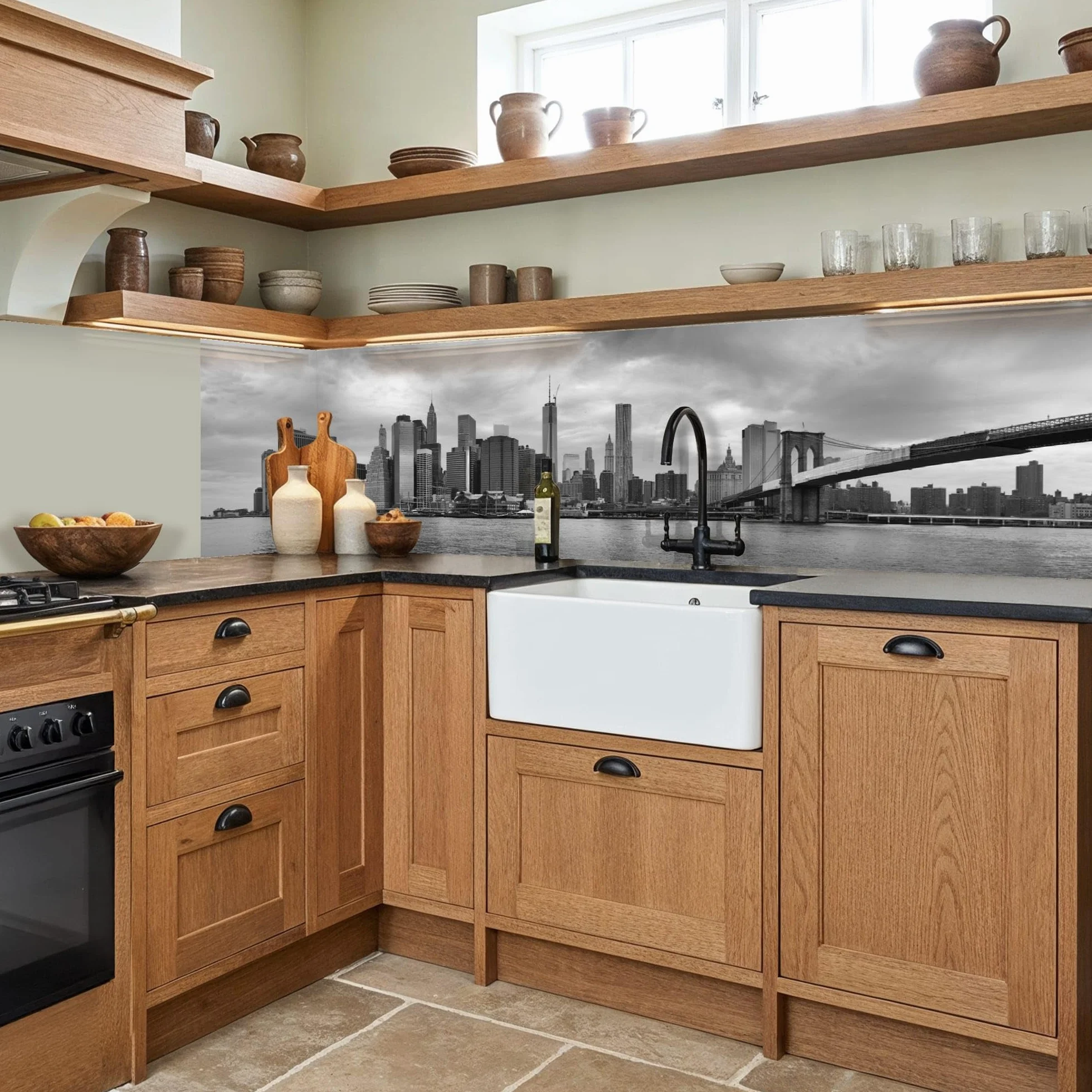 KitchenYeah© Antisalpicaduras Cocina 80x300 cm Adhesivo Salpicadero Protector Pared Salpicaduras Revestimiento Skyline - Puente - Edificios - Incoloro