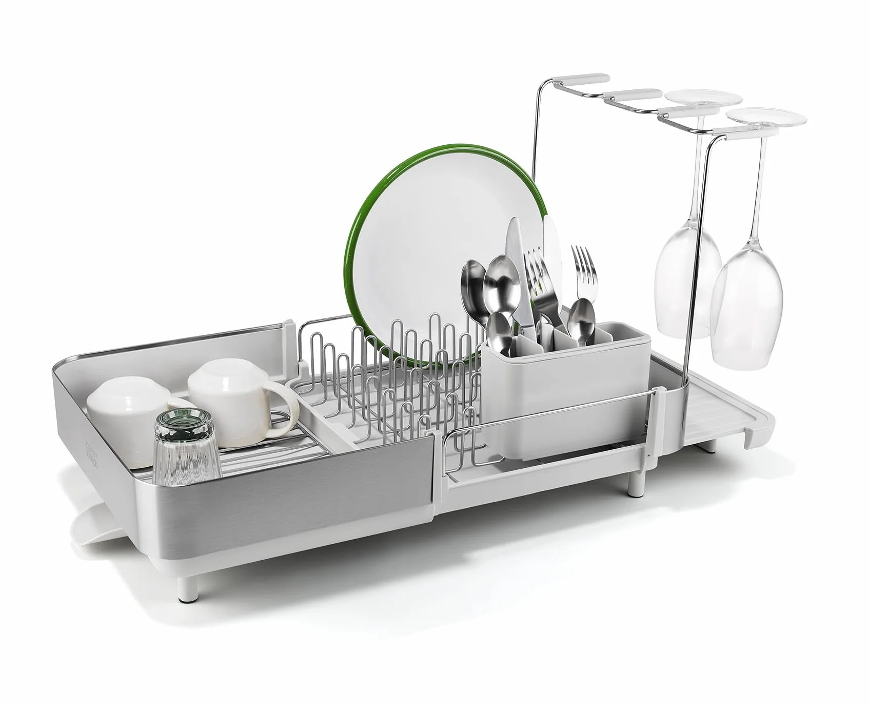Joseph Joseph Extend Steel Plus Escurreplatos Extensible de Acero, con Soporte para Copas y Caño de Drenaje