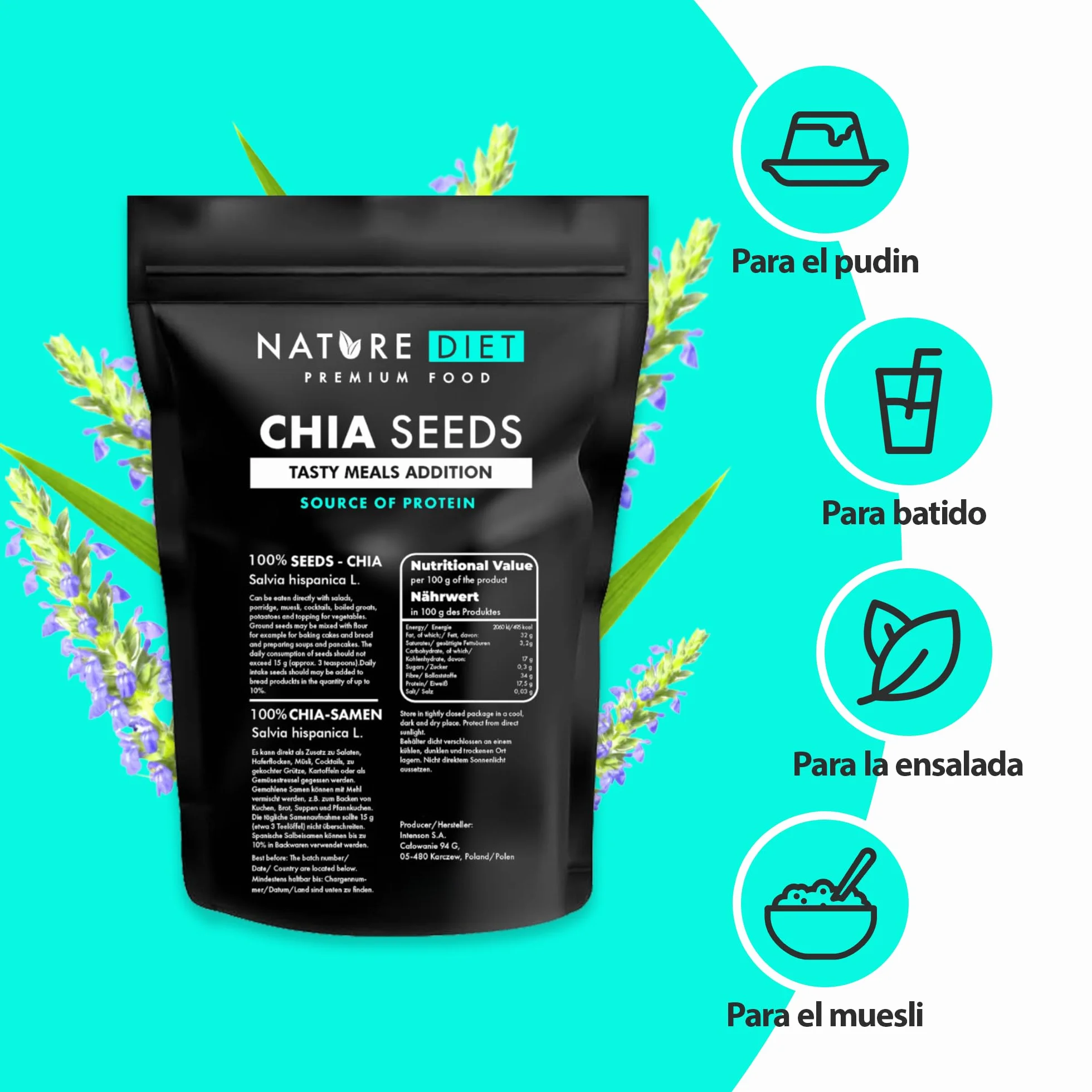 Semillas de chía Nature Diet 2x 1000 g Salvia Hispanica Alto en Omega-3 Fuente de fibra