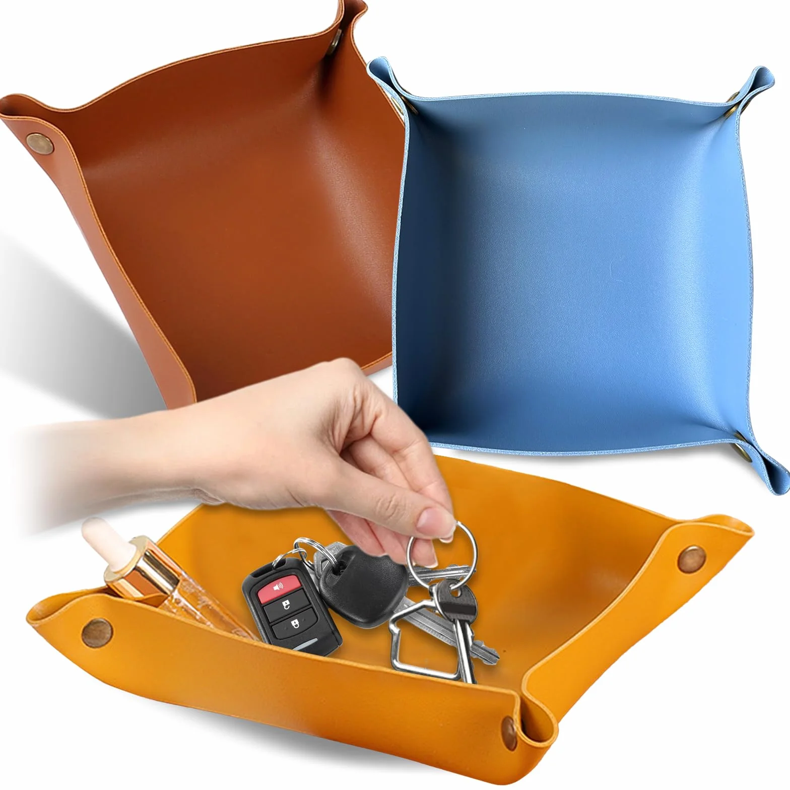 3 compartimentos para llaves, piel sintética, bandeja para joyas, bandejas plegables de piel (20 x 20 cm), para joyas, relojes y teléfonos móviles