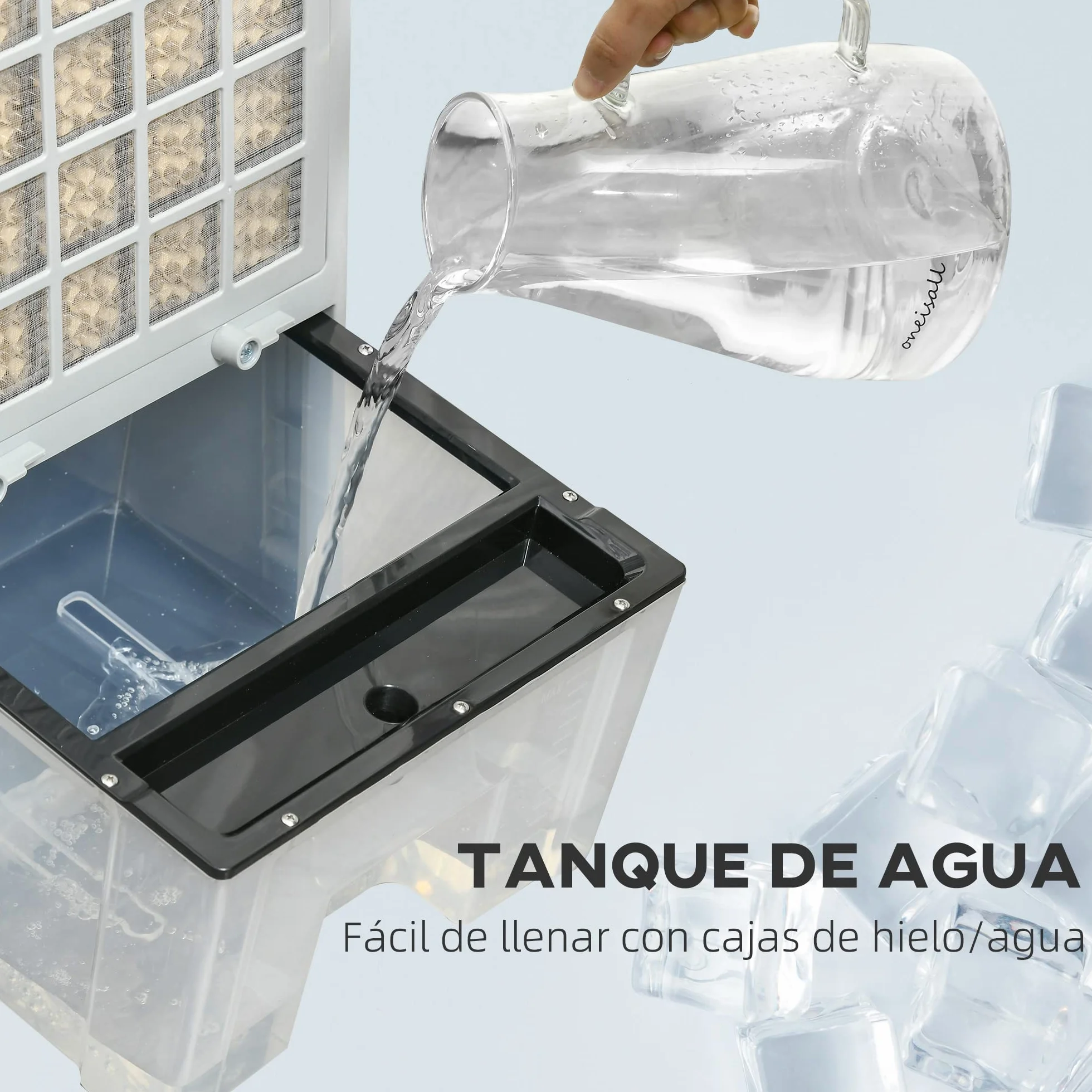 HOMCOM Climatizador Evaporativo Bajo Consumo 4 en 1 Depósito 12L Humidificador Climatizador Iones Negativos Control Remoto 3 Modos 3 Velocidades Temporizador 12 h Pantalla LED Táctil 38x35x81cm Blanco